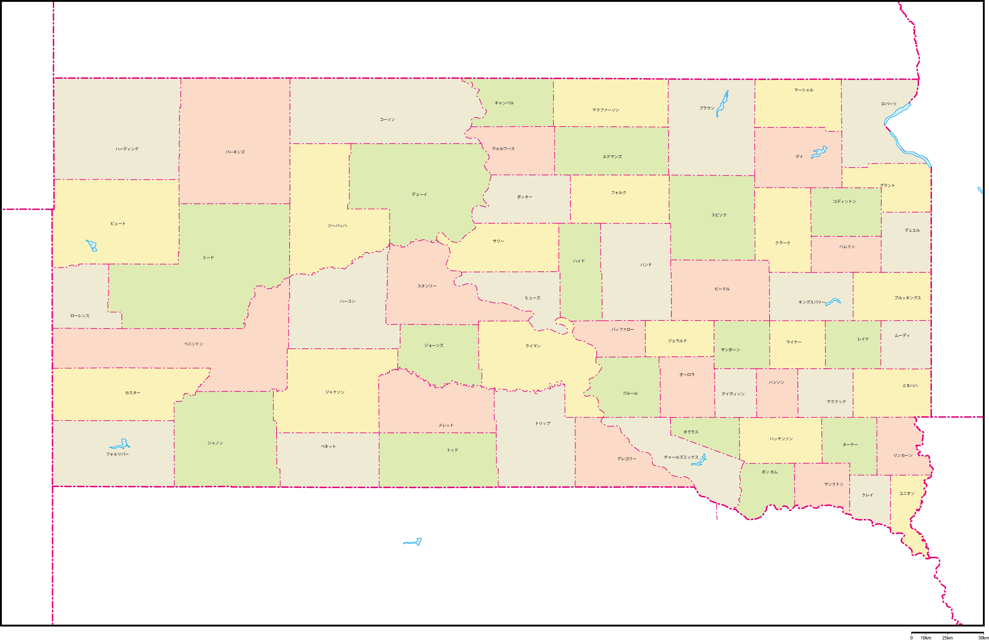サウスダコタ州郡色分け地図郡名あり(日本語)フリーデータの画像