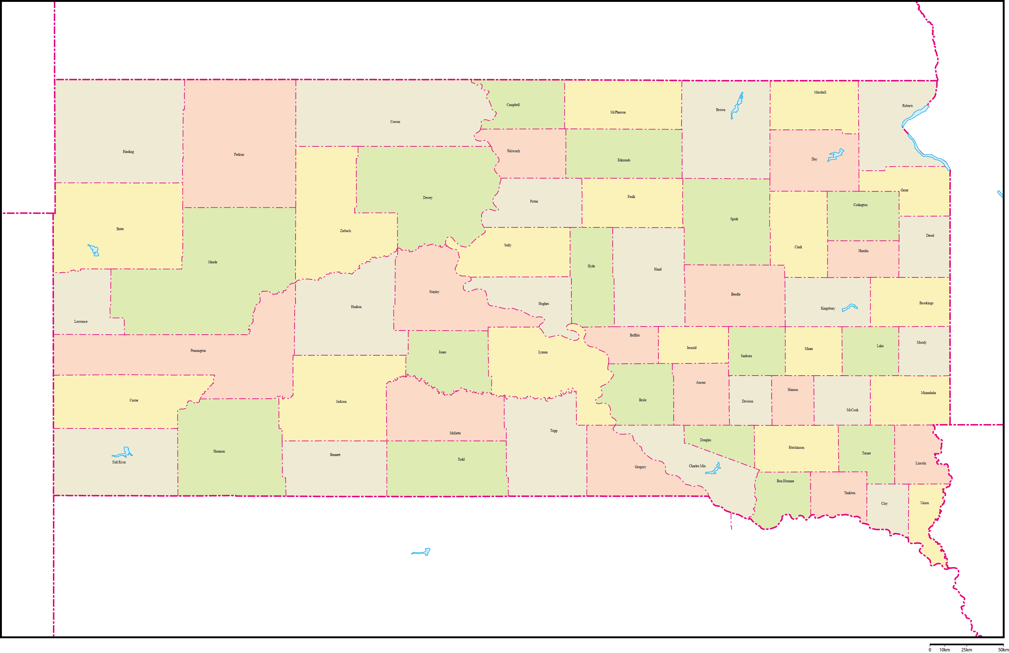 サウスダコタ州郡色分け地図郡名あり(英語)フリーデータの画像