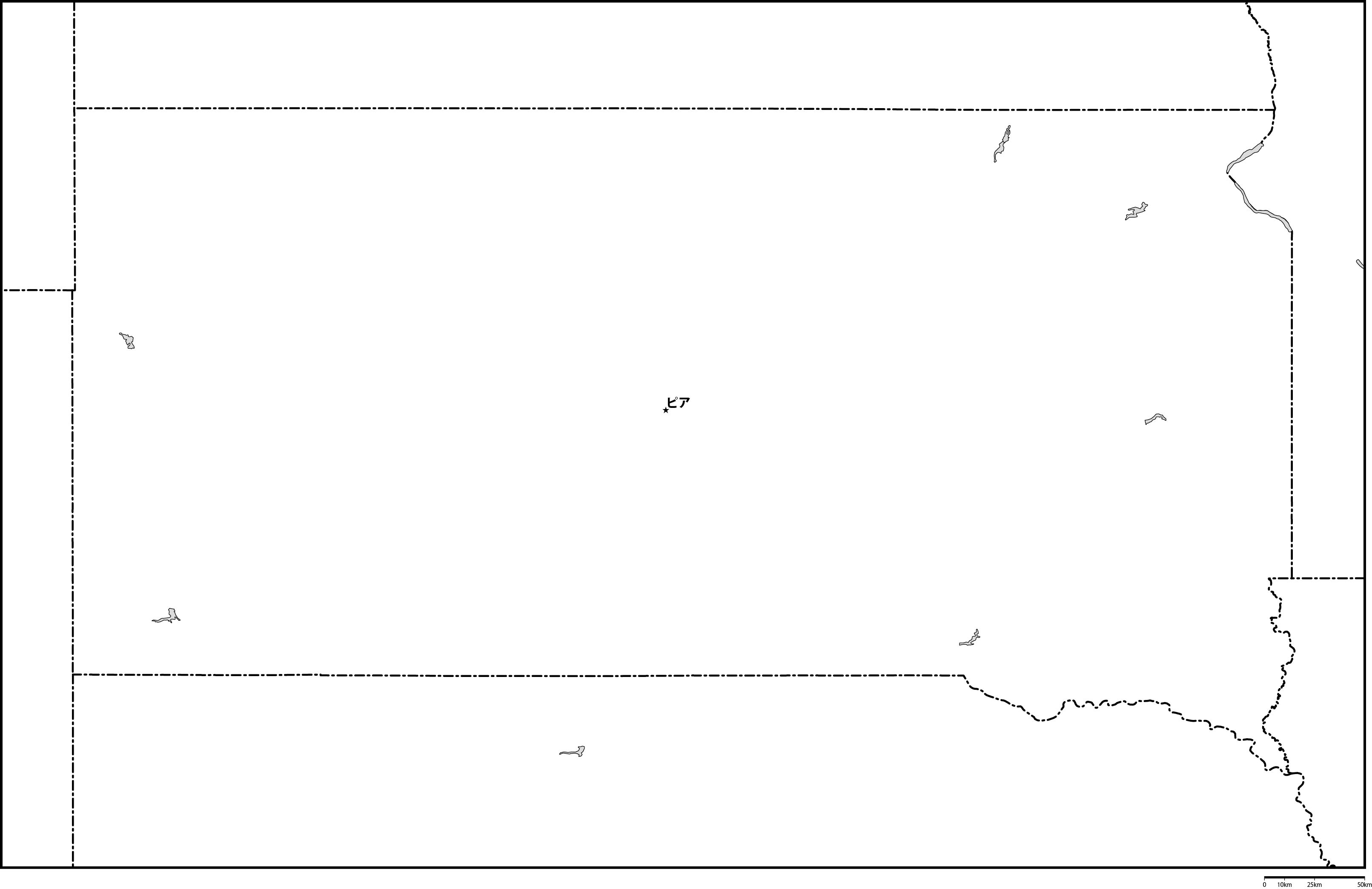 サウスダコタ州白地図州都あり(日本語)フリーデータの画像