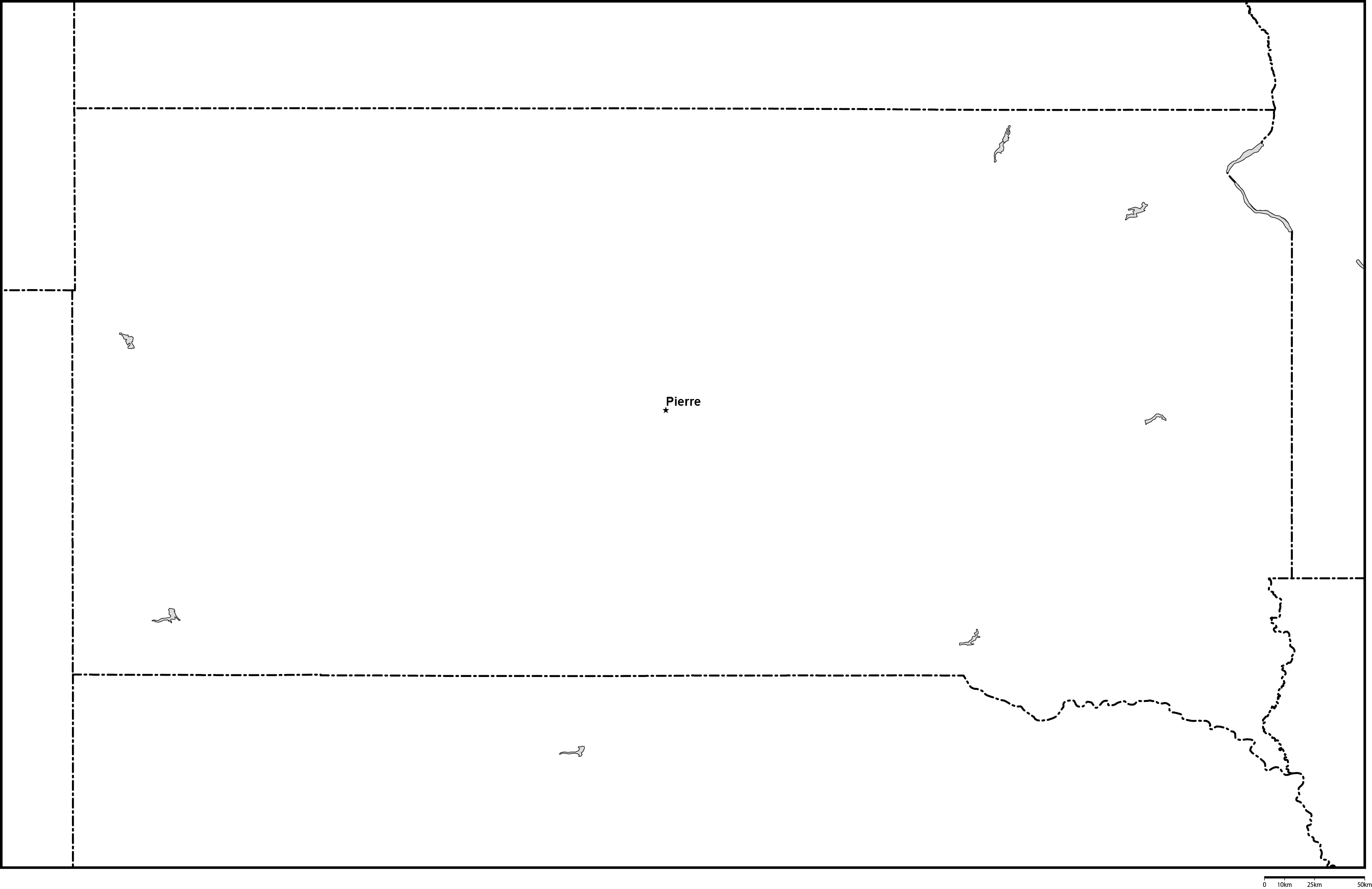 サウスダコタ州白地図州都あり(英語)フリーデータの画像