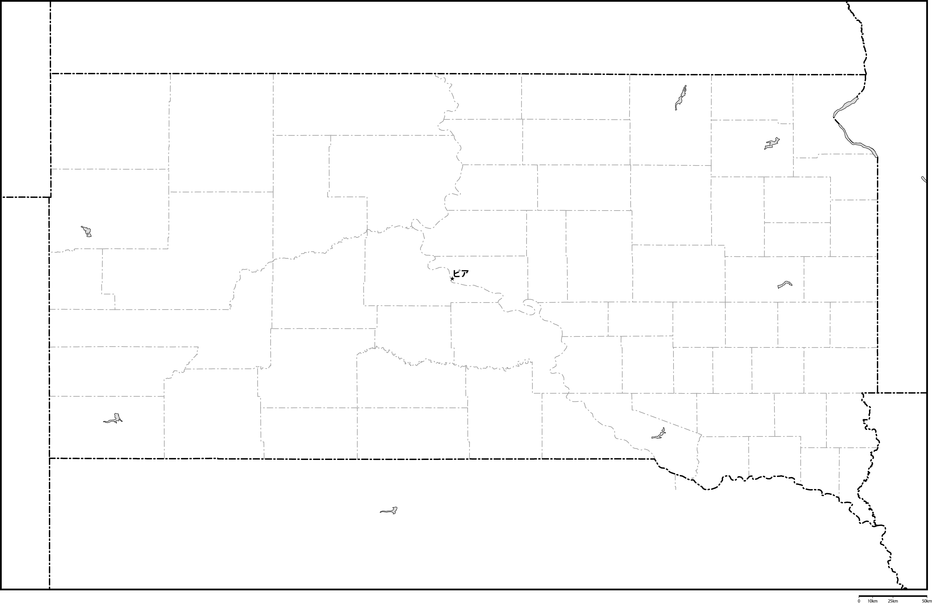 サウスダコタ州郡分け白地図州都あり(日本語)フリーデータの画像