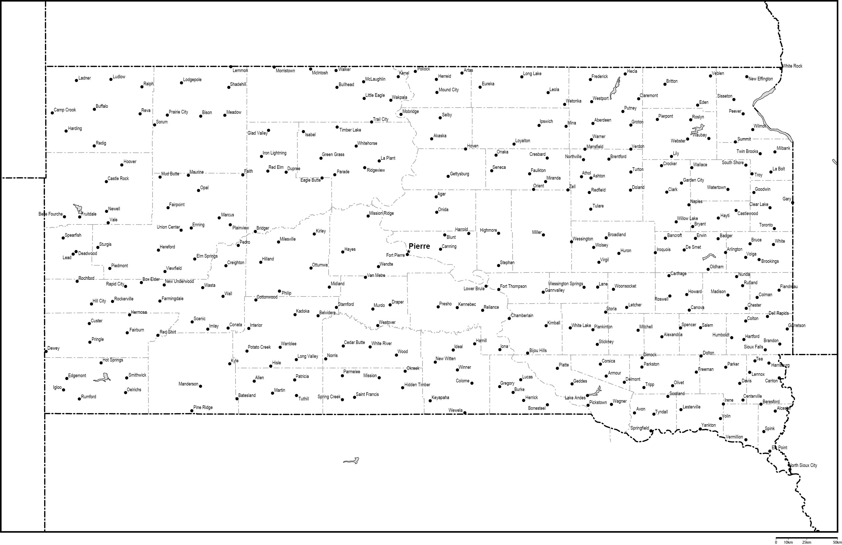 サウスダコタ州郡分け白地図州都・主な都市あり(英語)フリーデータの画像