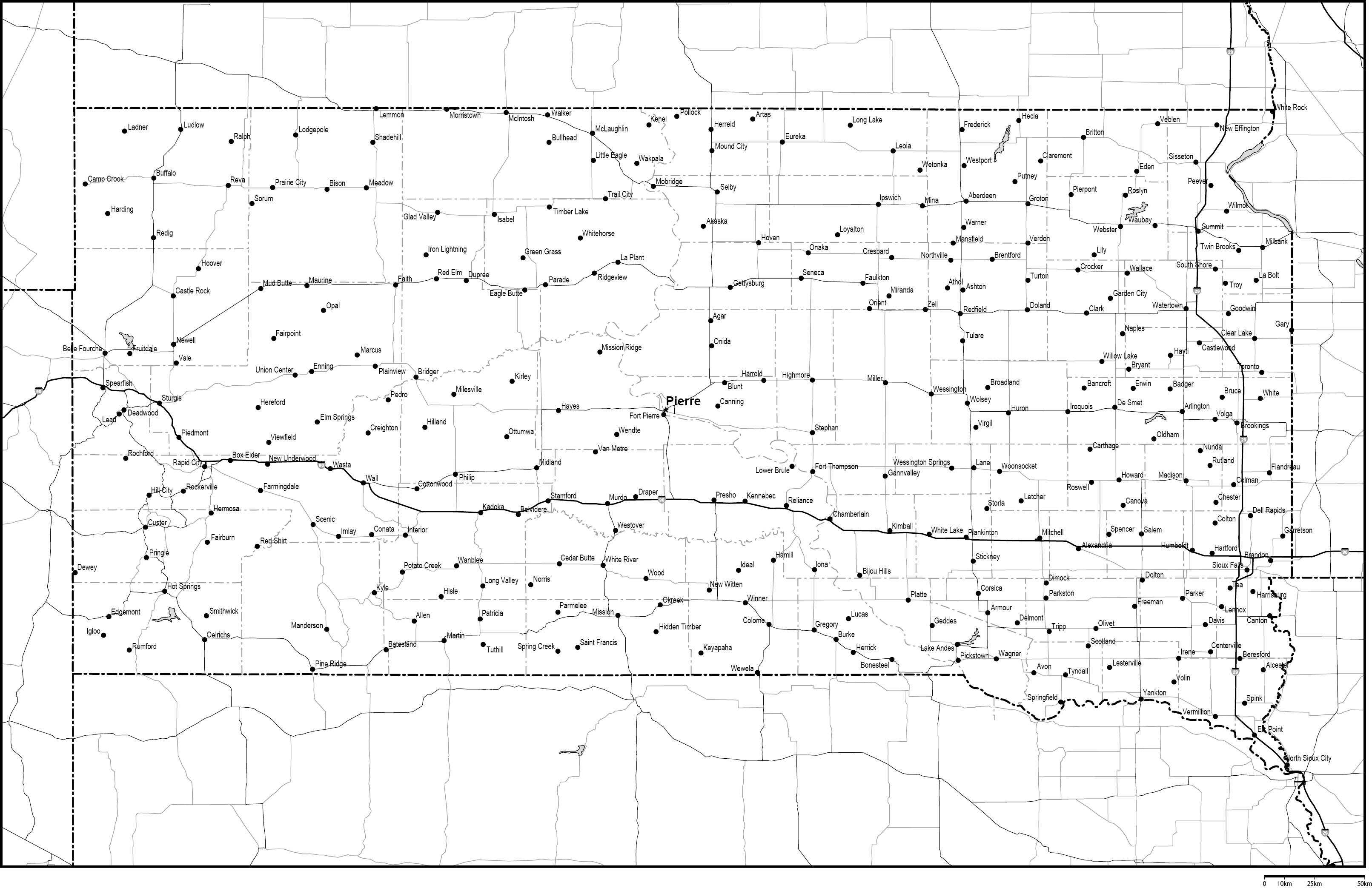 サウスダコタ州郡分け白地図州都・主な都市・道路あり(英語)フリーデータの画像