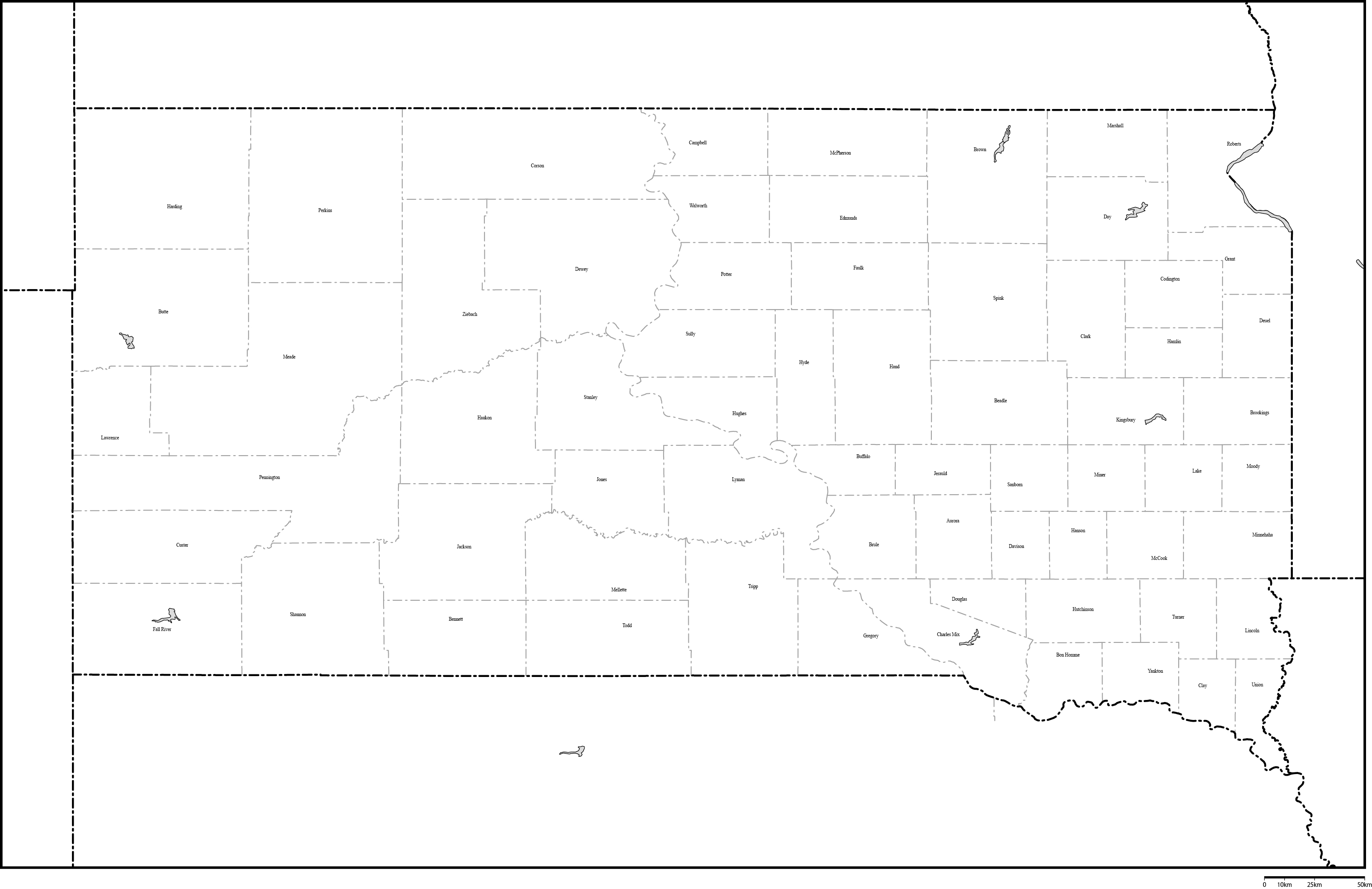 サウスダコタ州郡分け白地図郡名あり(英語)フリーデータの画像