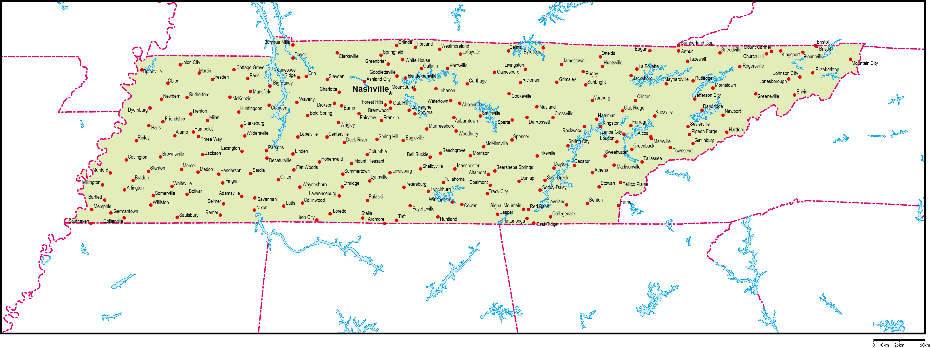 テネシー州地図州都・主な都市あり(英語)フリーデータの画像