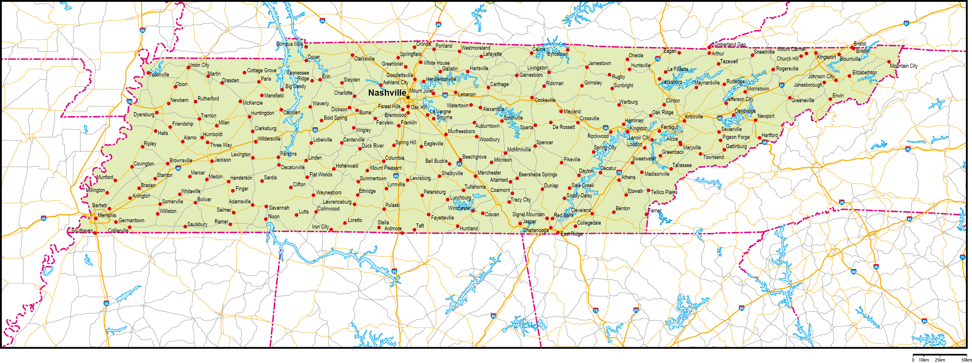 テネシー州地図州都・主な都市・道路あり(英語)フリーデータの画像