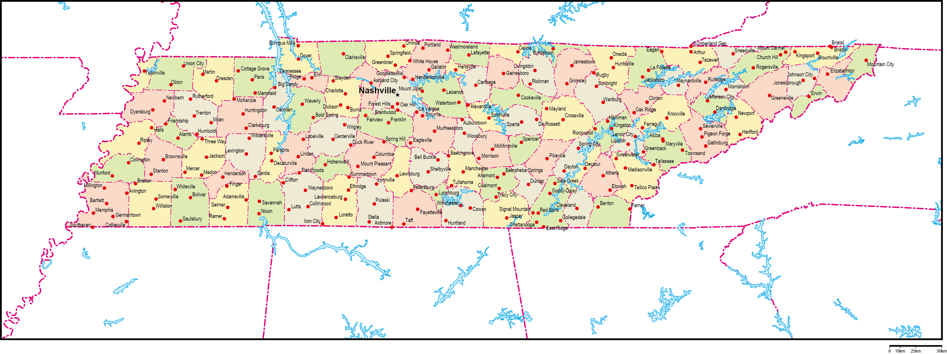 テネシー州郡色分け地図州都・主な都市あり(英語)フリーデータの画像