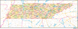 テネシー州郡色分け地図州都・主な都市・道路あり(英語)