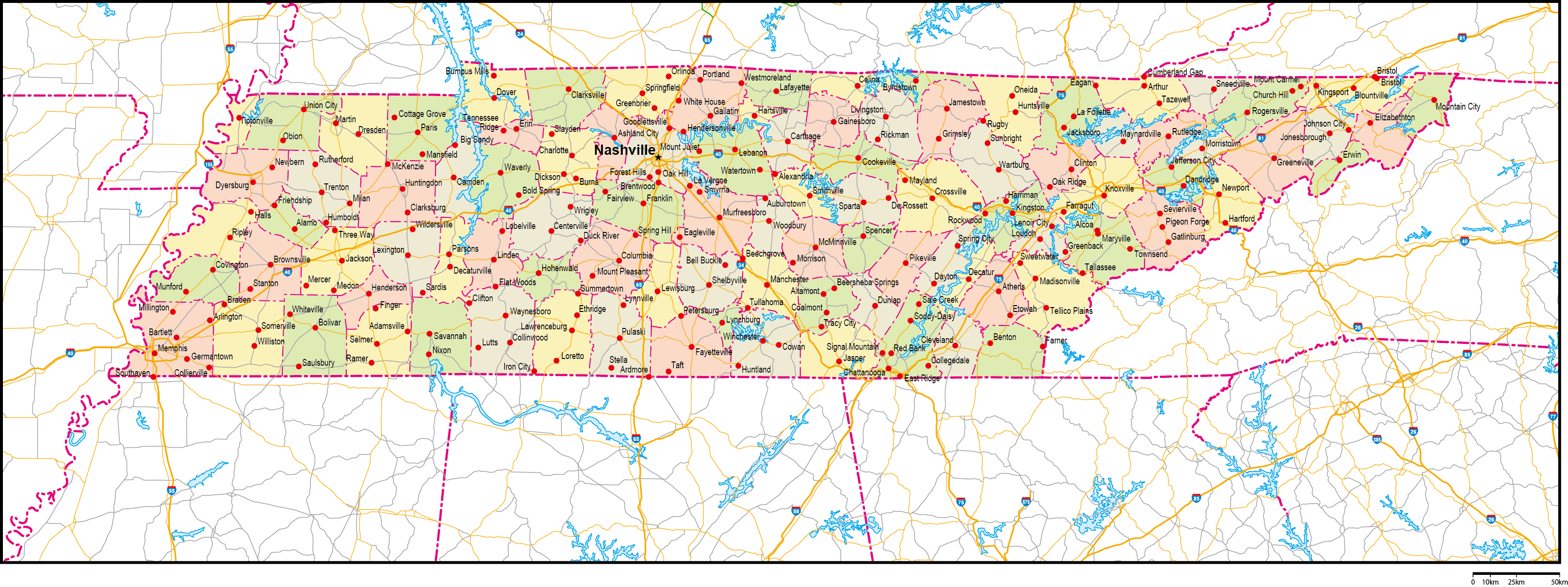 テネシー州郡色分け地図州都・主な都市・道路あり(英語)フリーデータの画像