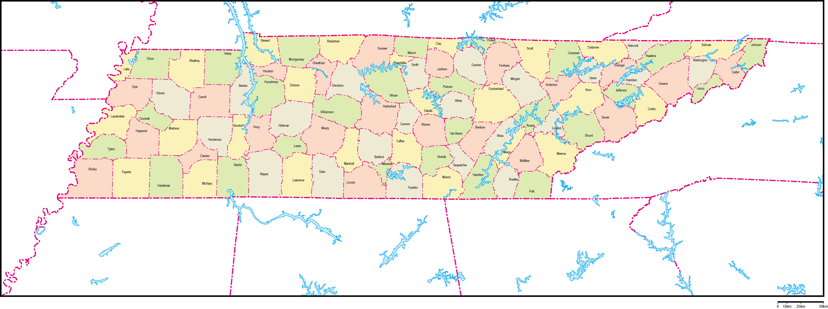 テネシー州郡色分け地図郡名あり(英語)フリーデータの画像