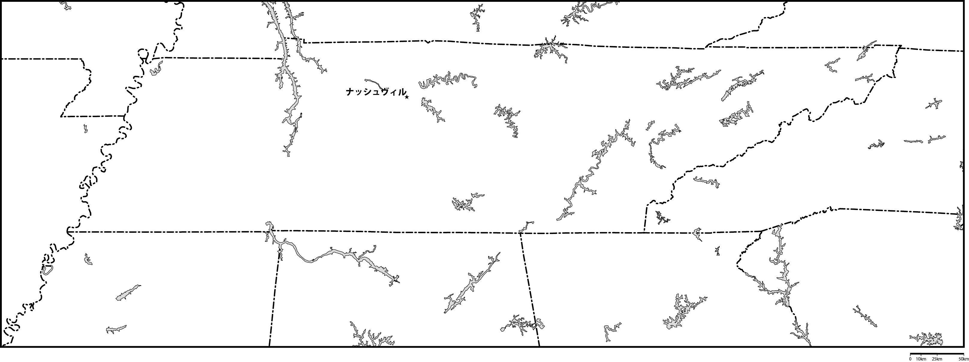 テネシー州白地図州都あり(日本語)フリーデータの画像