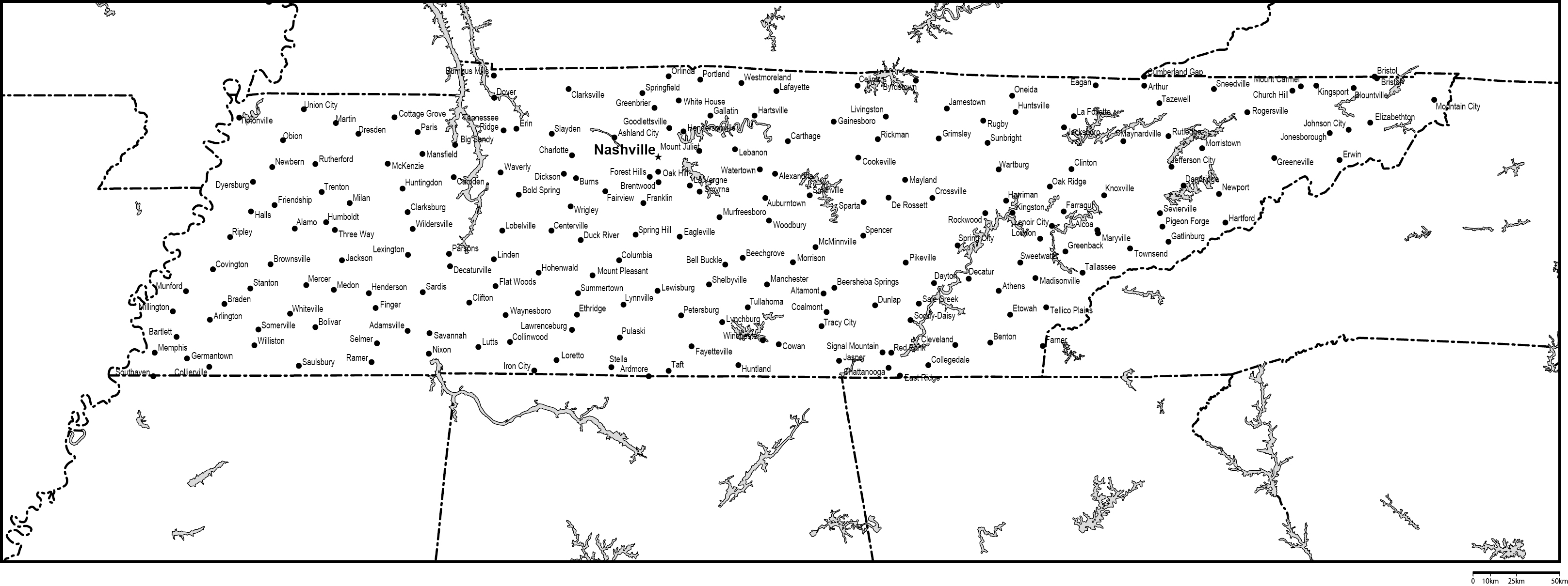 テネシー州白地図州都・主な都市あり(英語)フリーデータの画像