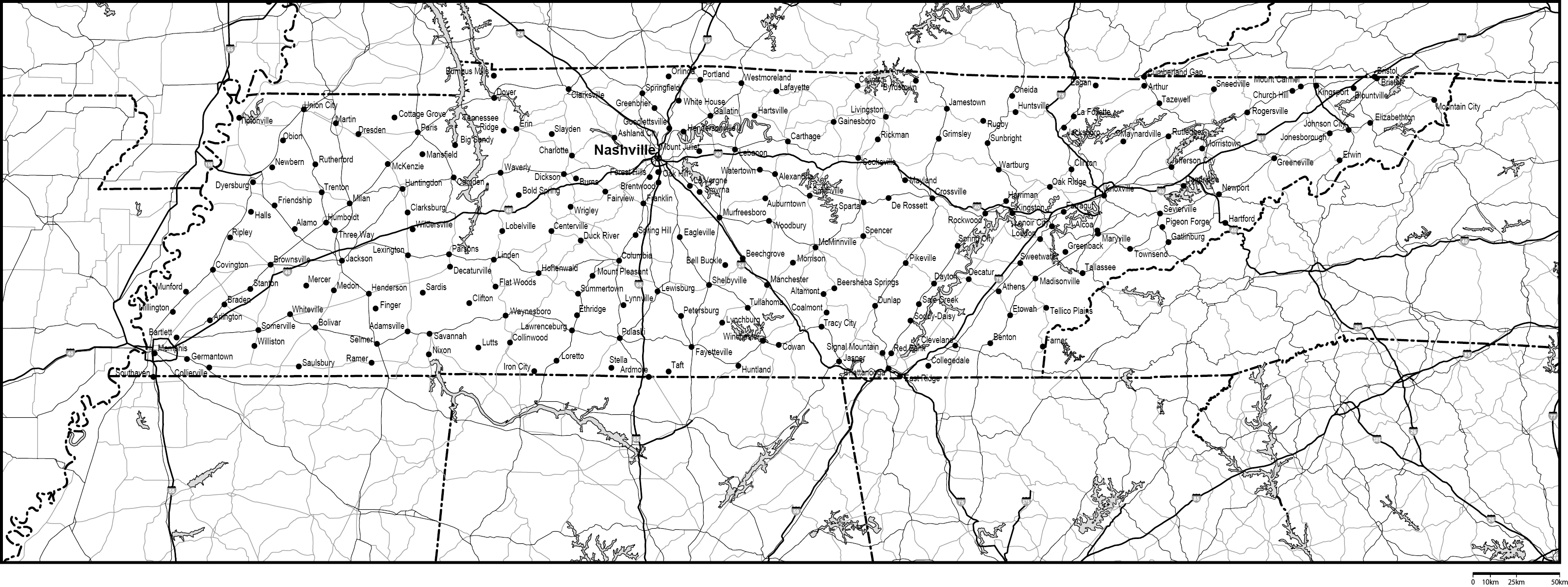 テネシー州白地図州都・主な都市・道路あり(英語)フリーデータの画像