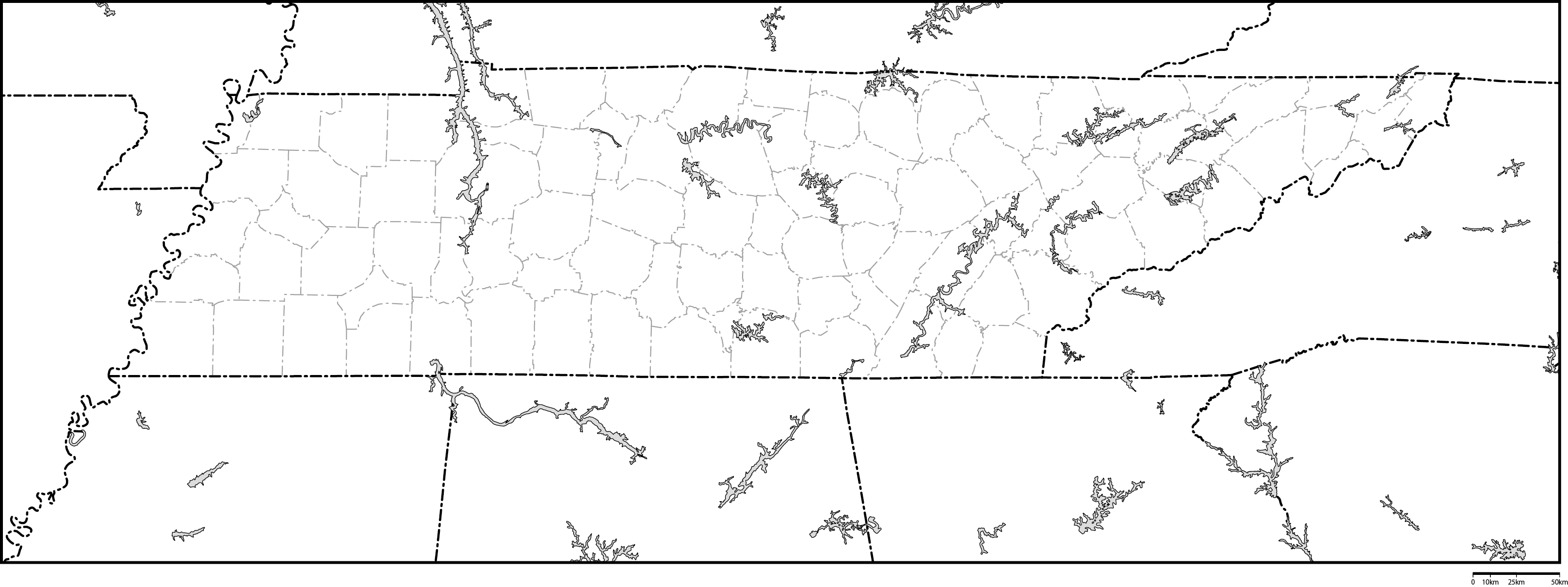 テネシー州郡分け白地図フリーデータの画像