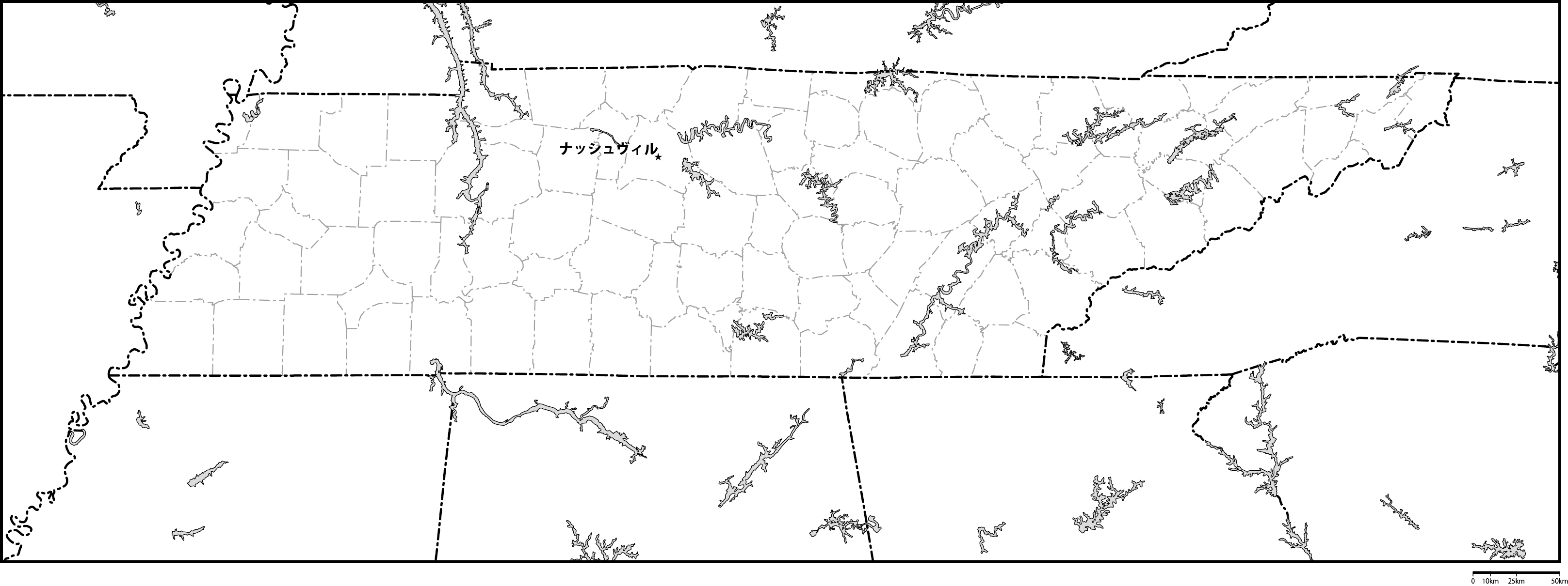 テネシー州郡分け白地図州都あり(日本語)フリーデータの画像
