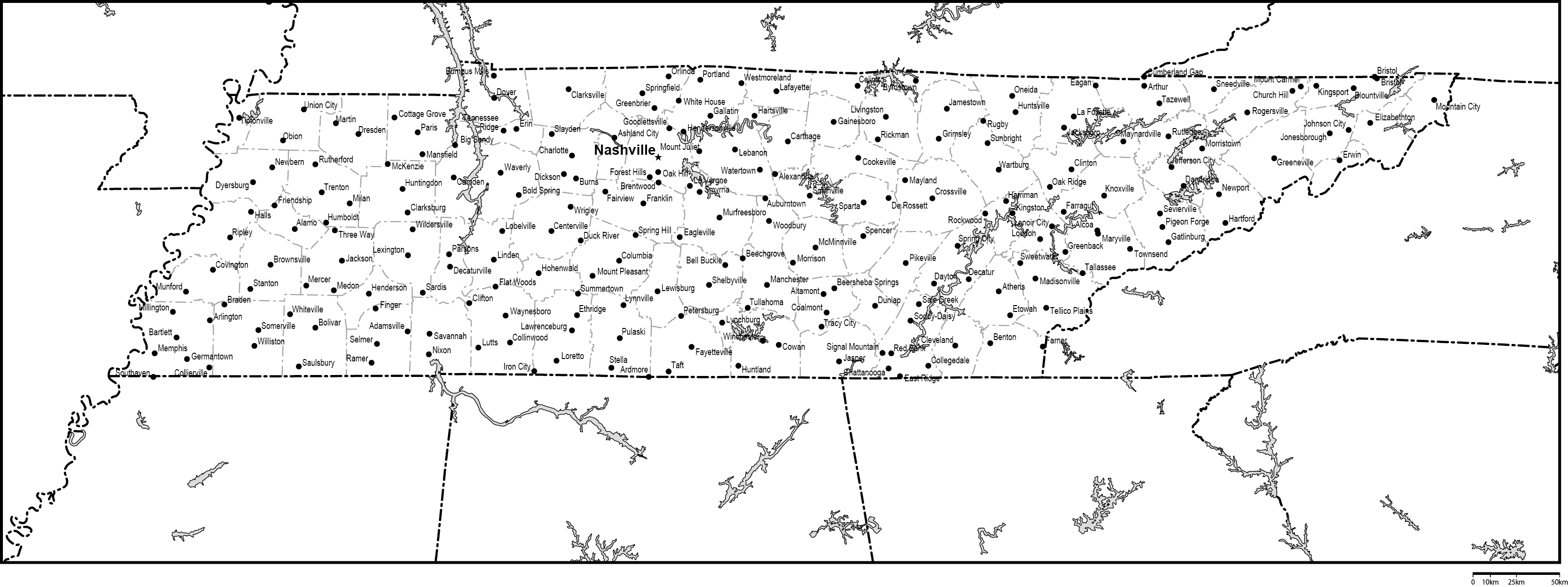 テネシー州郡分け白地図州都・主な都市あり(英語)フリーデータの画像