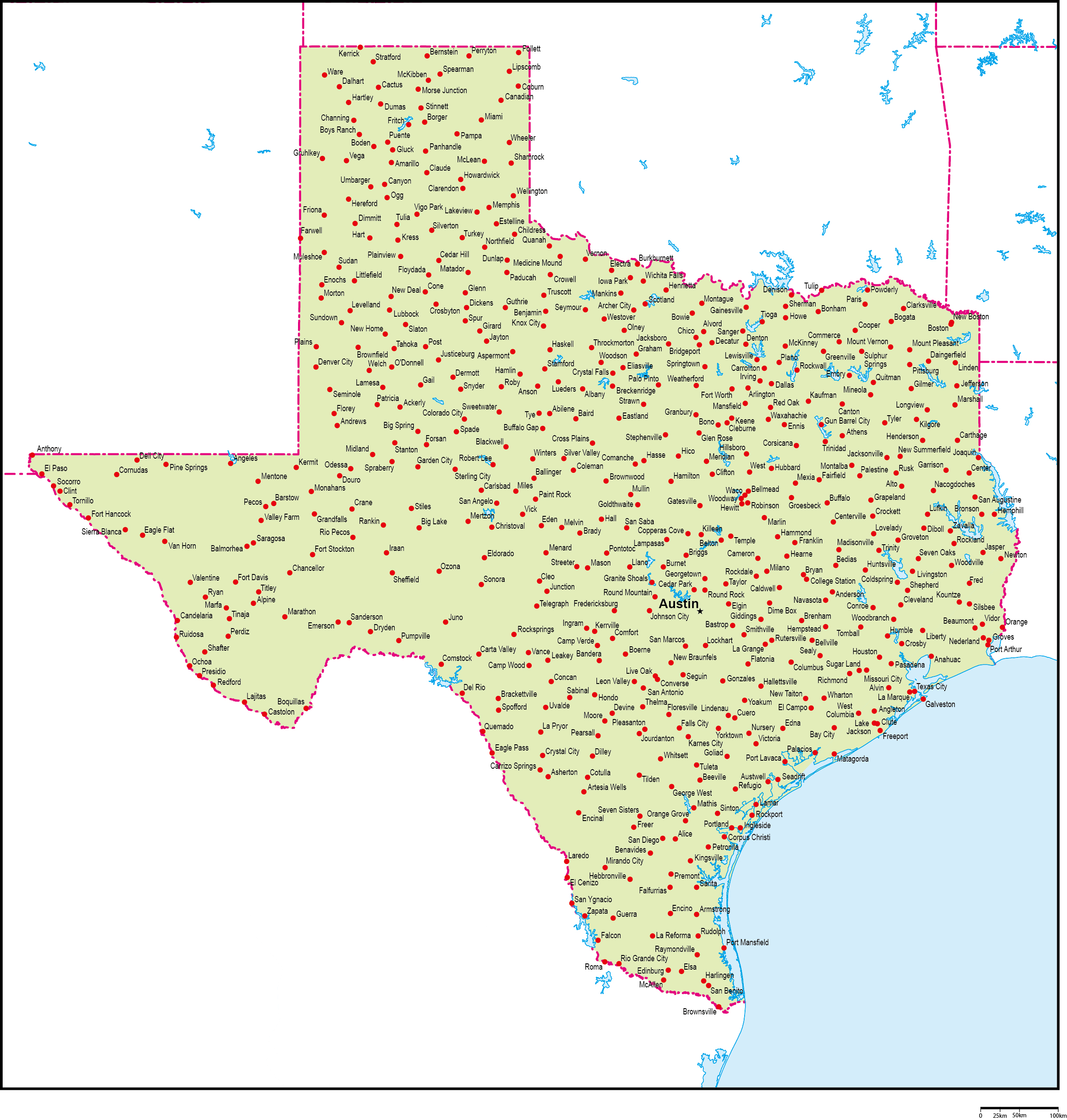 テキサス州地図州都・主な都市あり(英語)フリーデータの画像