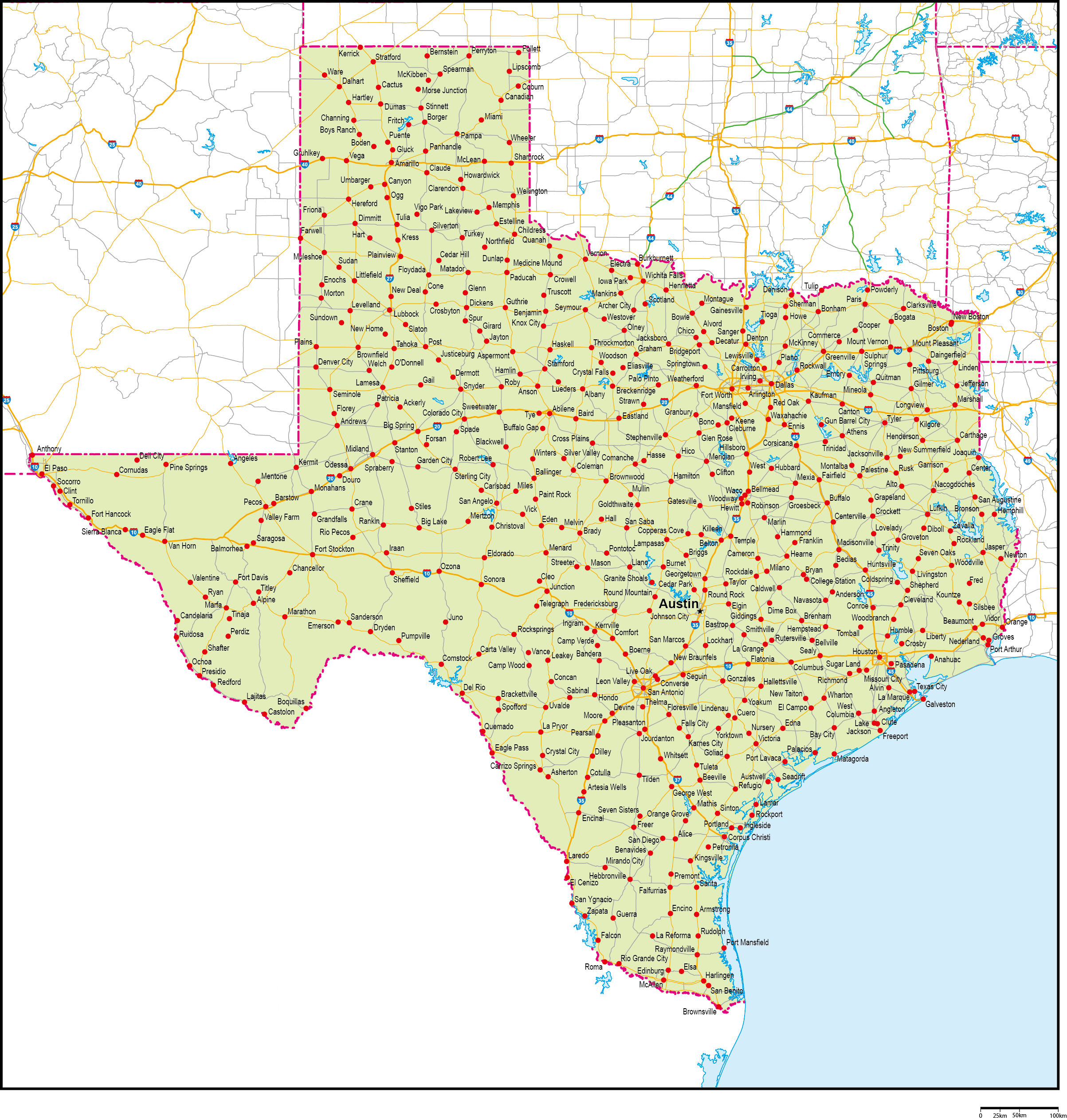 テキサス州地図州都・主な都市・道路あり(英語)フリーデータの画像