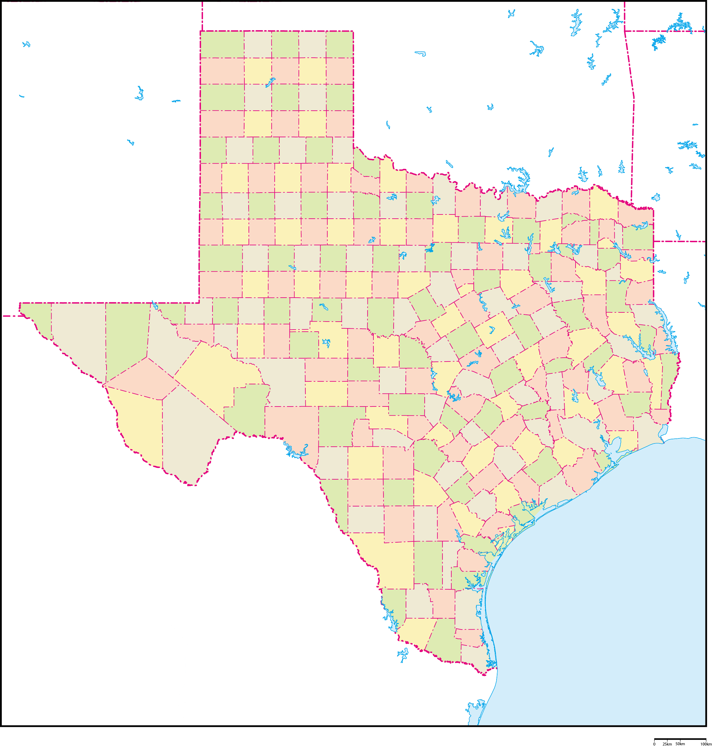 テキサス州郡色分け地図フリーデータの画像
