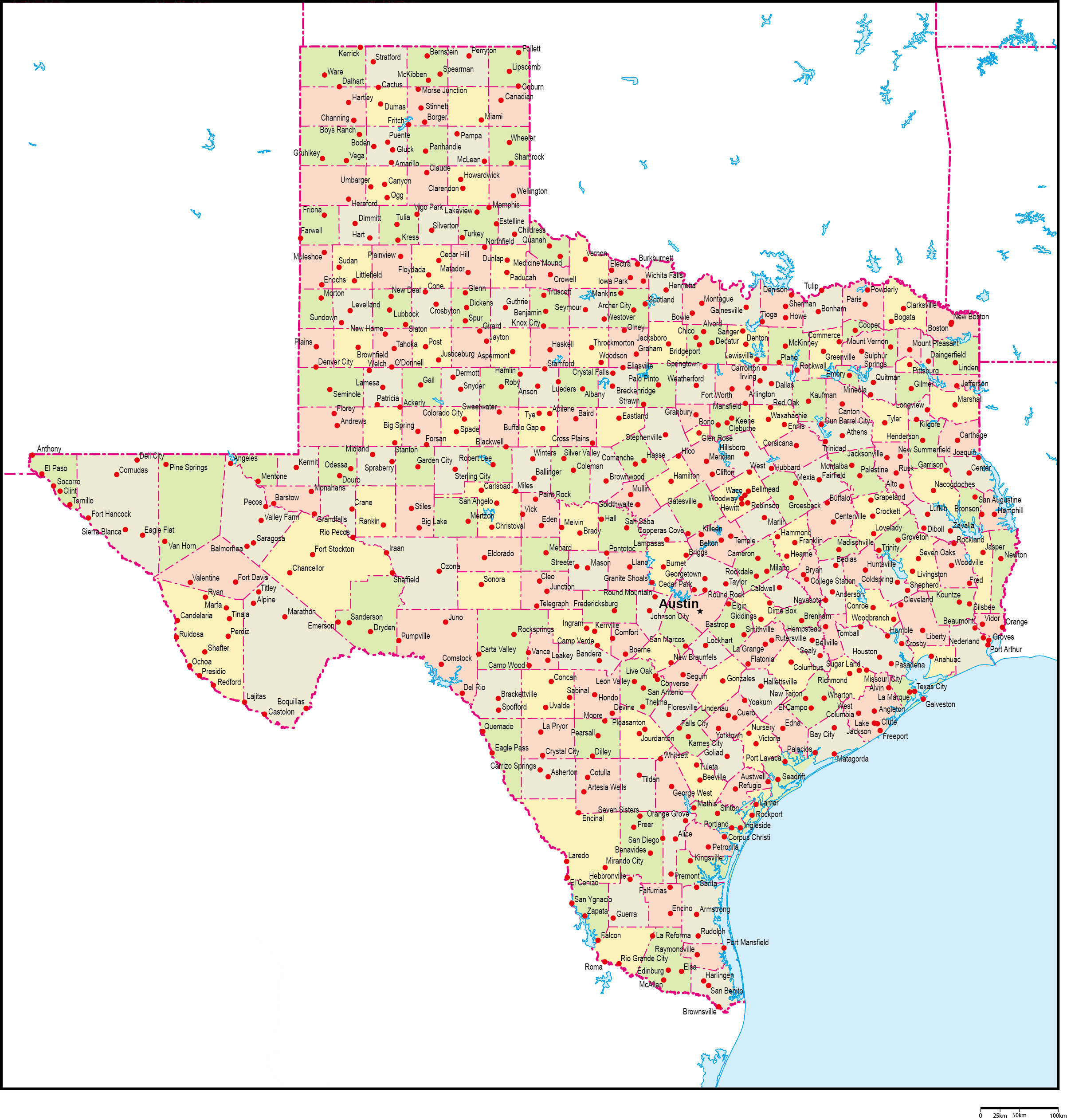 テキサス州郡色分け地図州都・主な都市あり(英語)フリーデータの画像