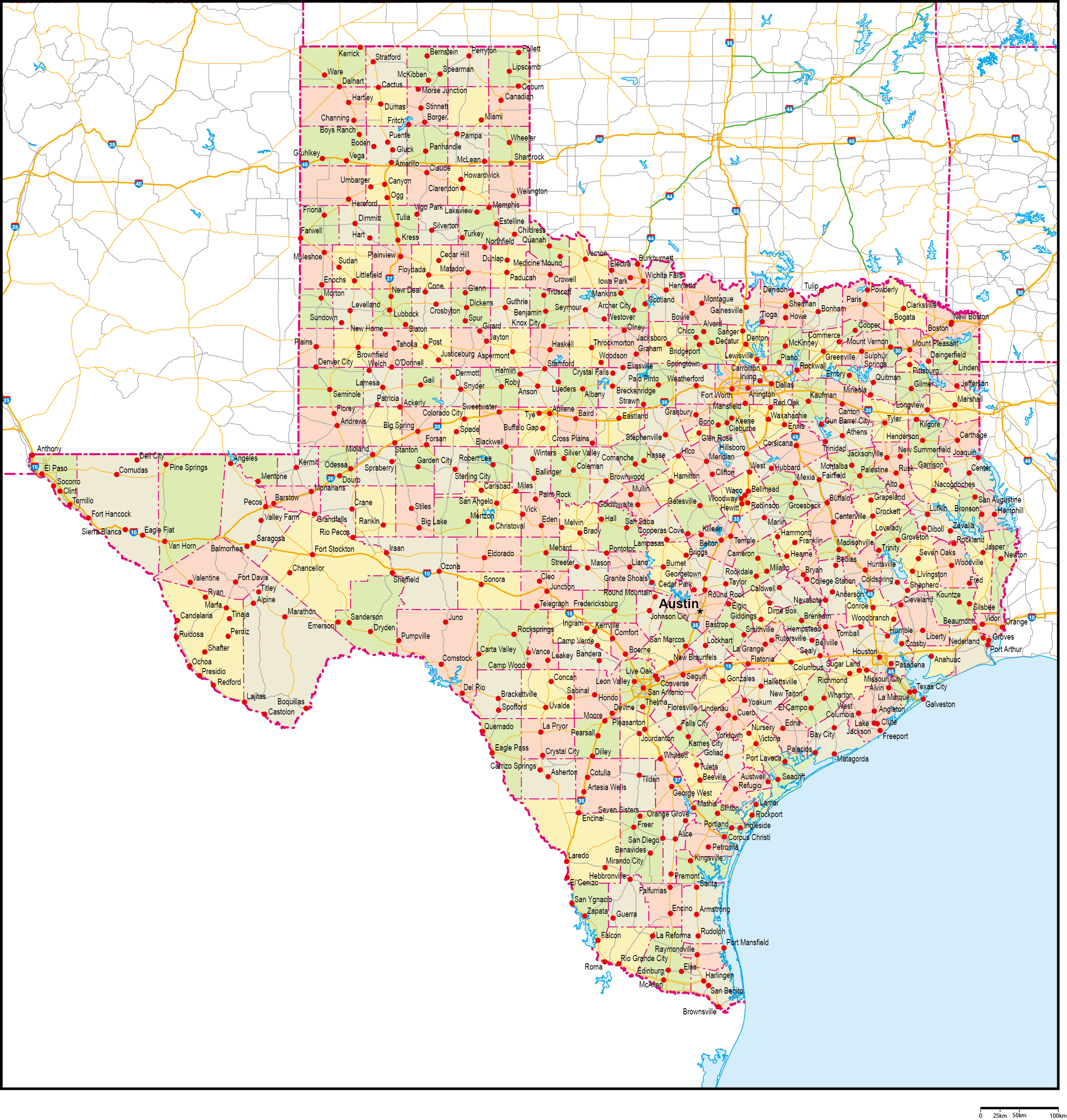 テキサス州郡色分け地図州都・主な都市・道路あり(英語)フリーデータの画像
