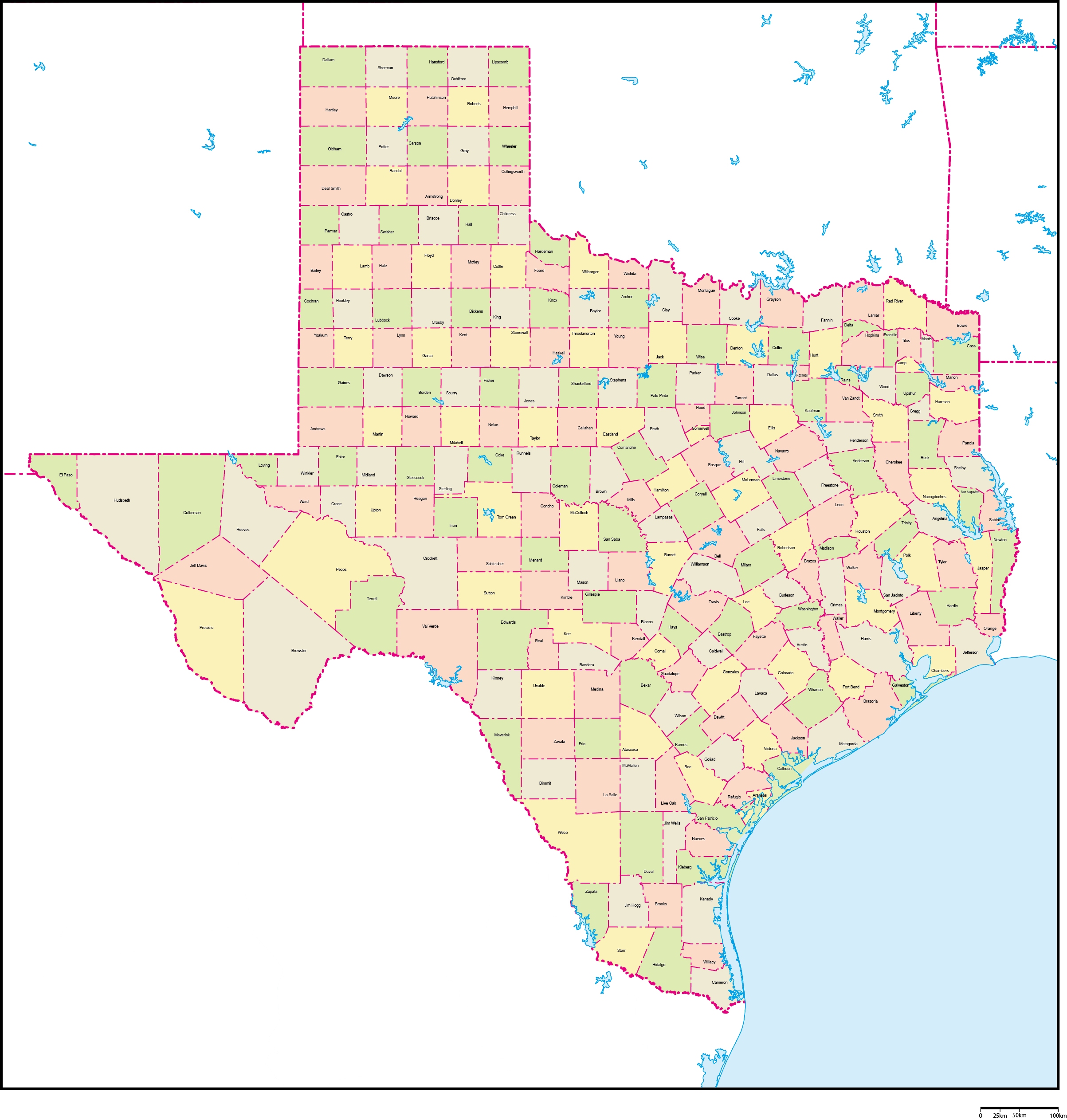 テキサス州郡色分け地図郡名あり(英語)フリーデータの画像