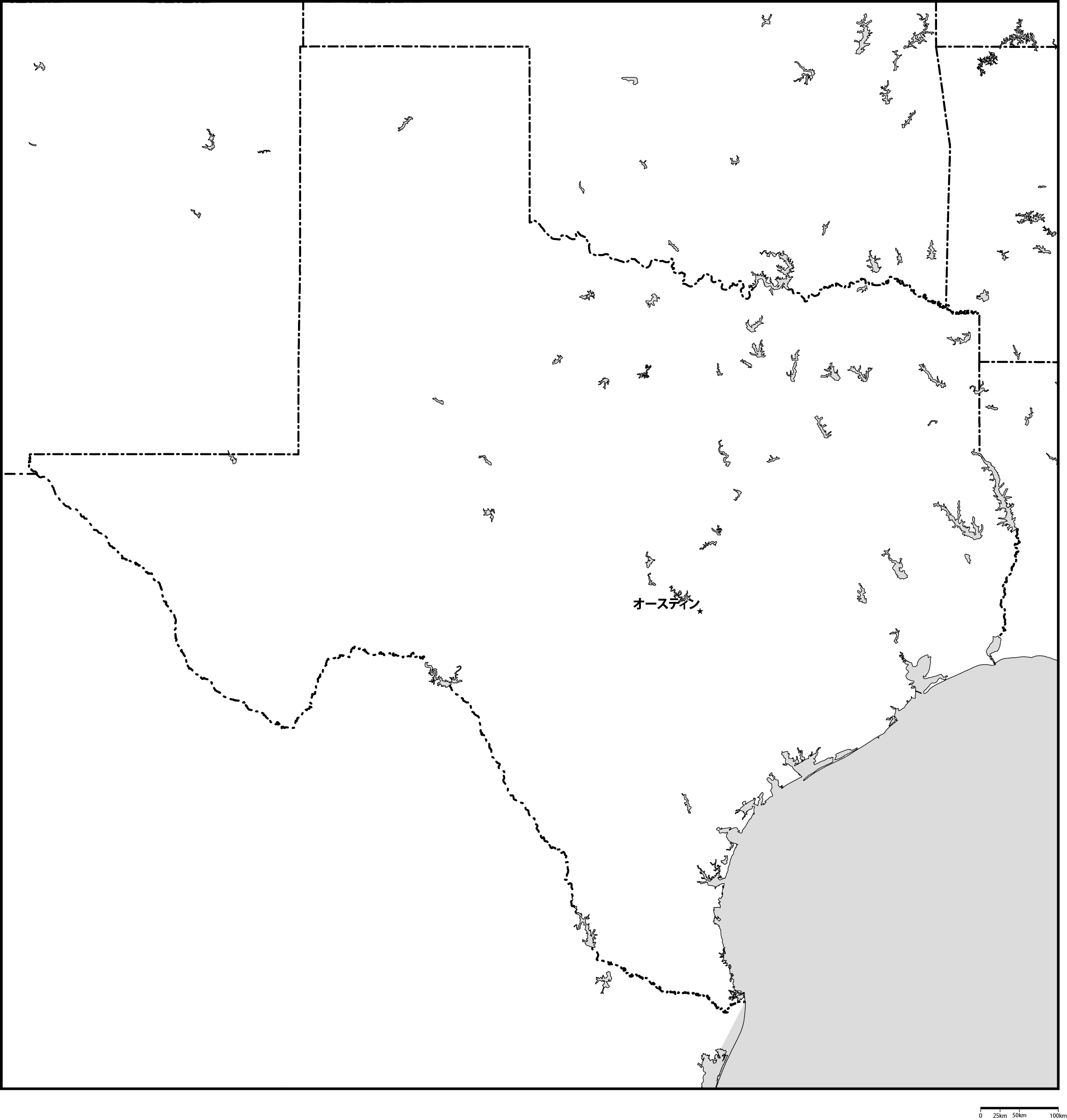 テキサス州白地図州都あり(日本語)フリーデータの画像