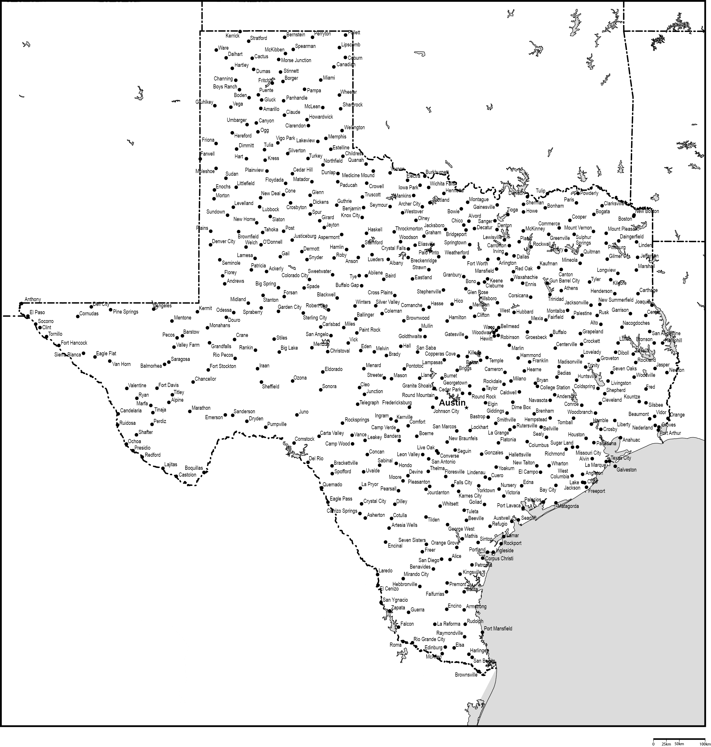 テキサス州白地図州都・主な都市あり(英語)フリーデータの画像