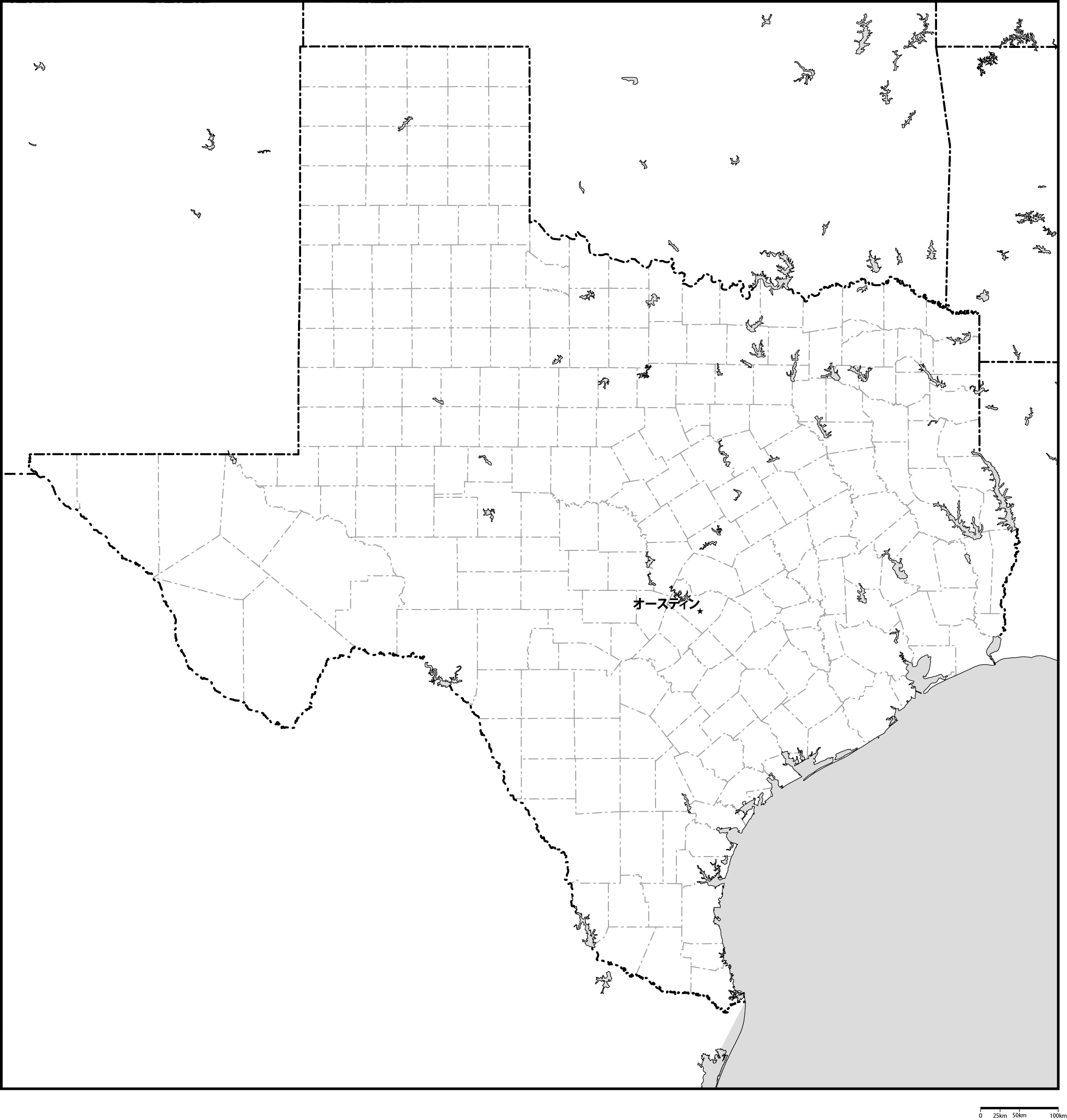 テキサス州郡分け白地図州都あり(日本語)フリーデータの画像