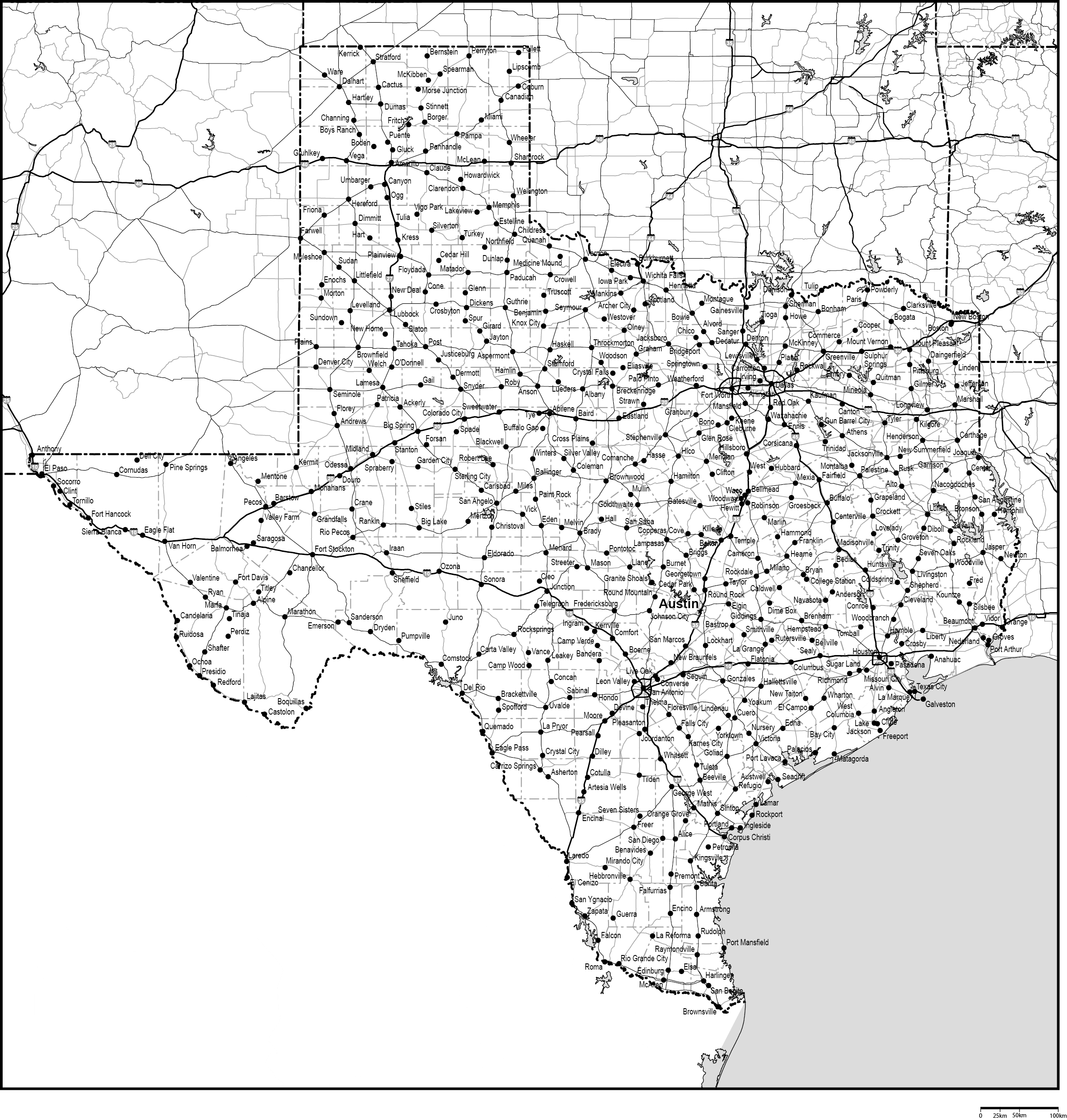 テキサス州郡分け白地図州都・主な都市・道路あり(英語)フリーデータの画像