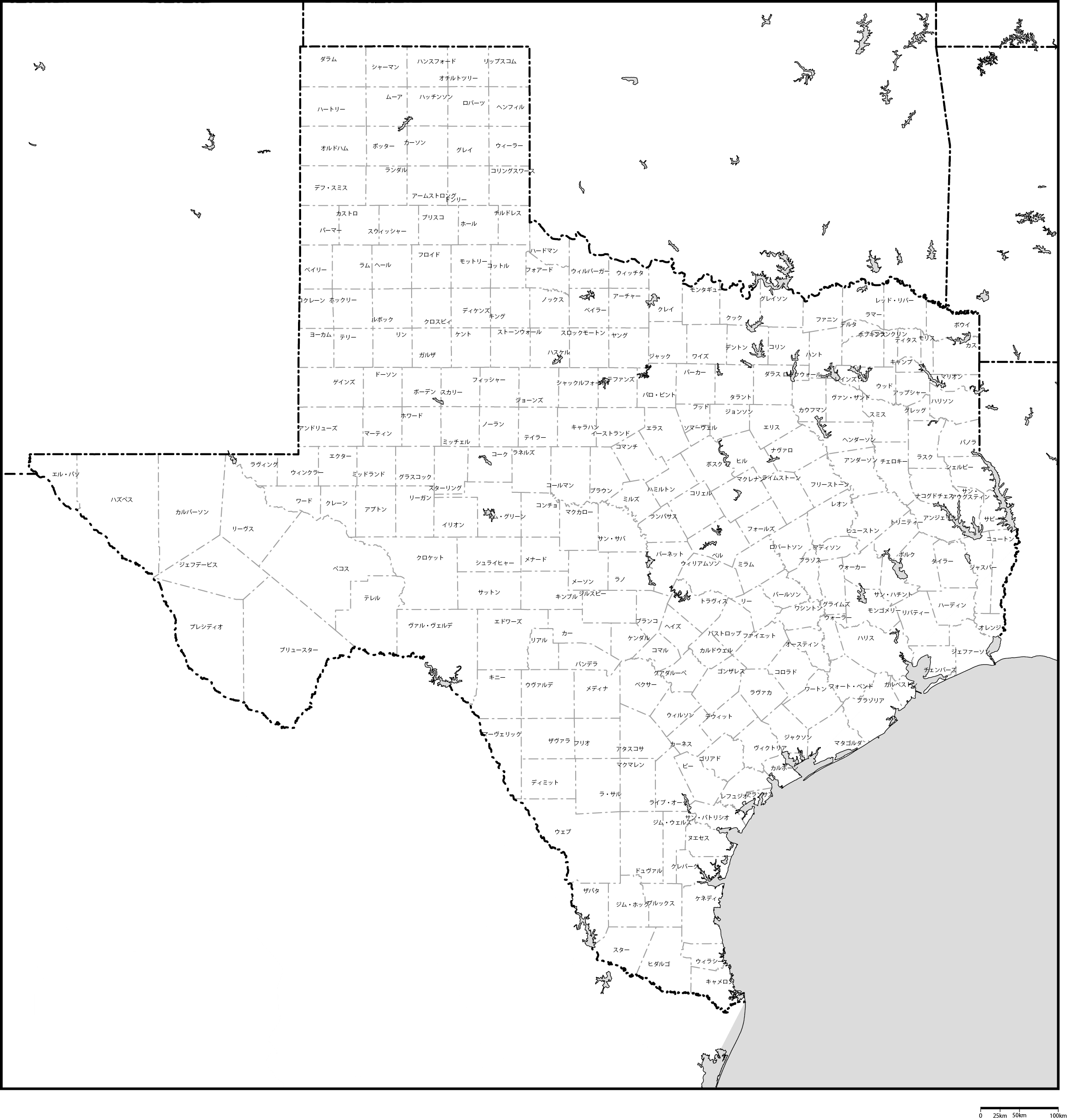 テキサス州郡分け地図郡名あり(日本語)フリーデータの画像