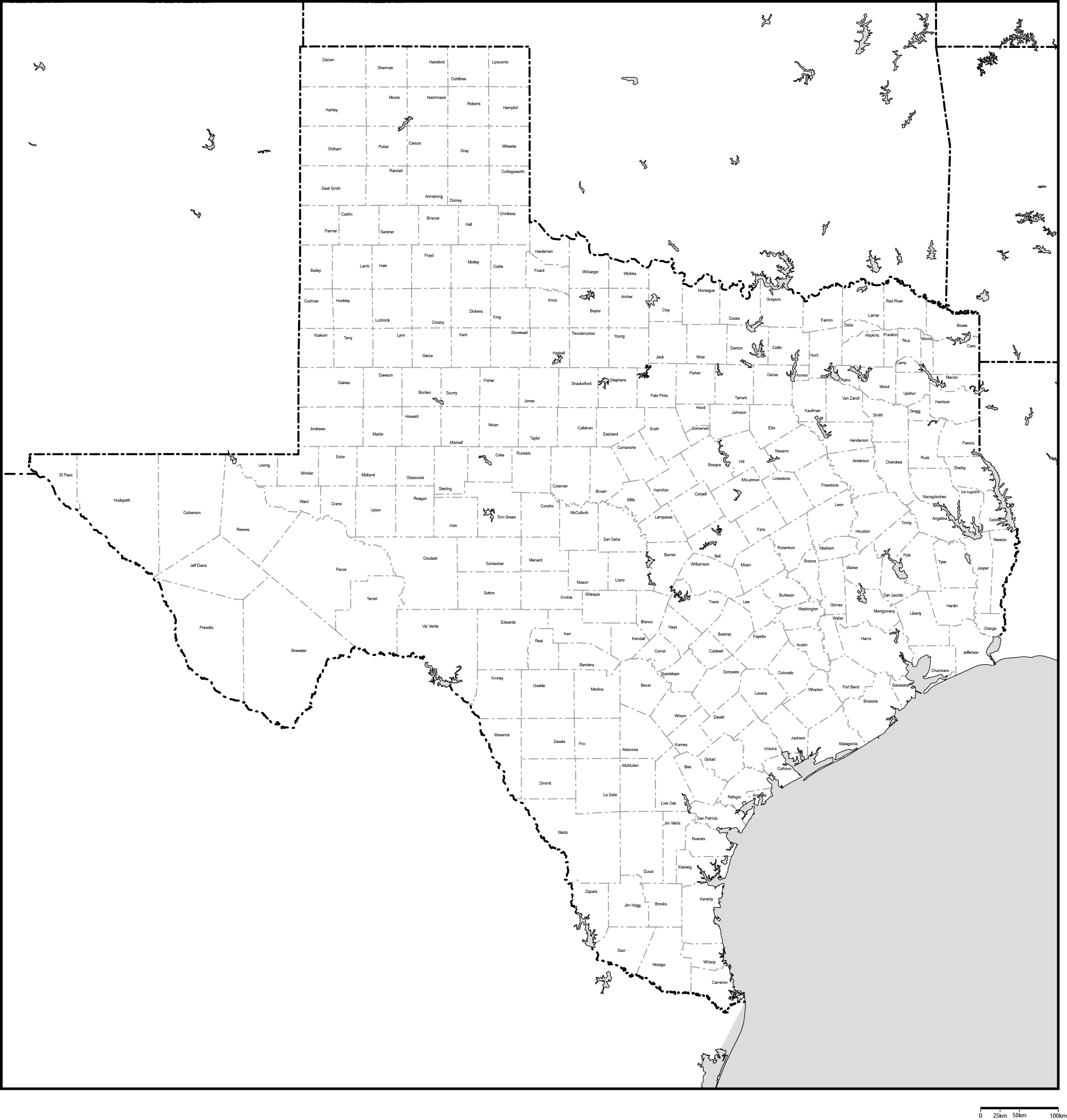 テキサス州郡分け白地図郡名あり(英語)フリーデータの画像