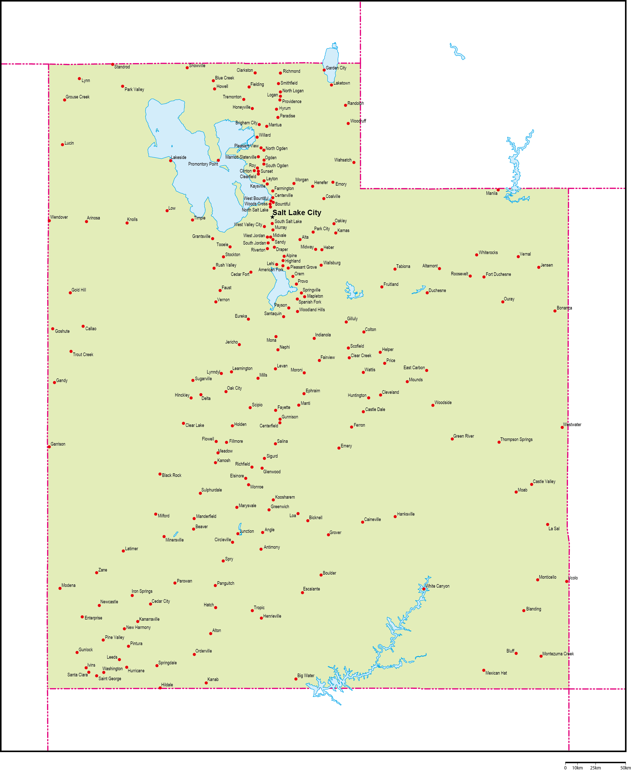 ユタ州地図州都・主な都市あり(英語)フリーデータの画像
