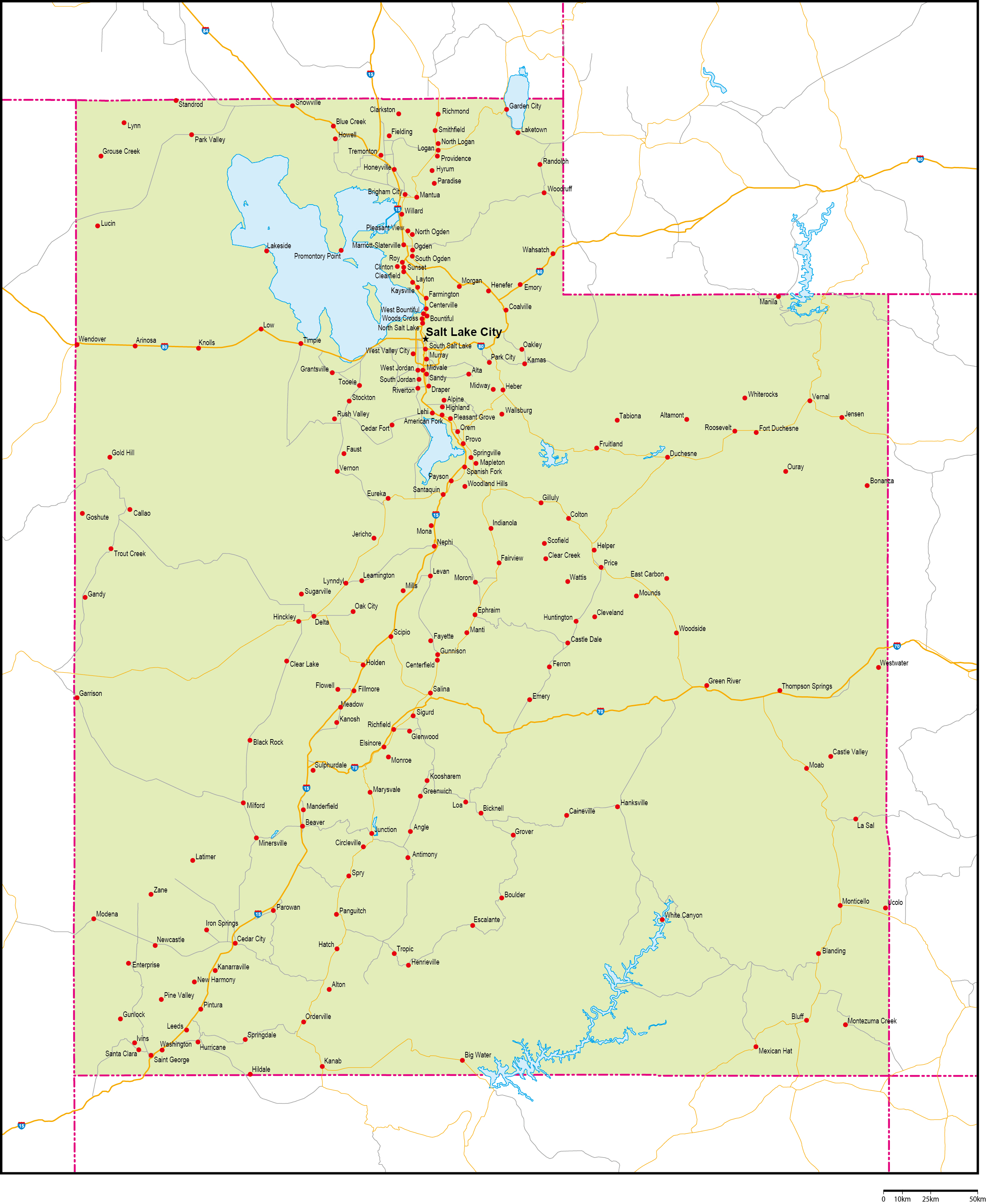 ユタ州地図州都・主な都市・道路あり(英語)フリーデータの画像