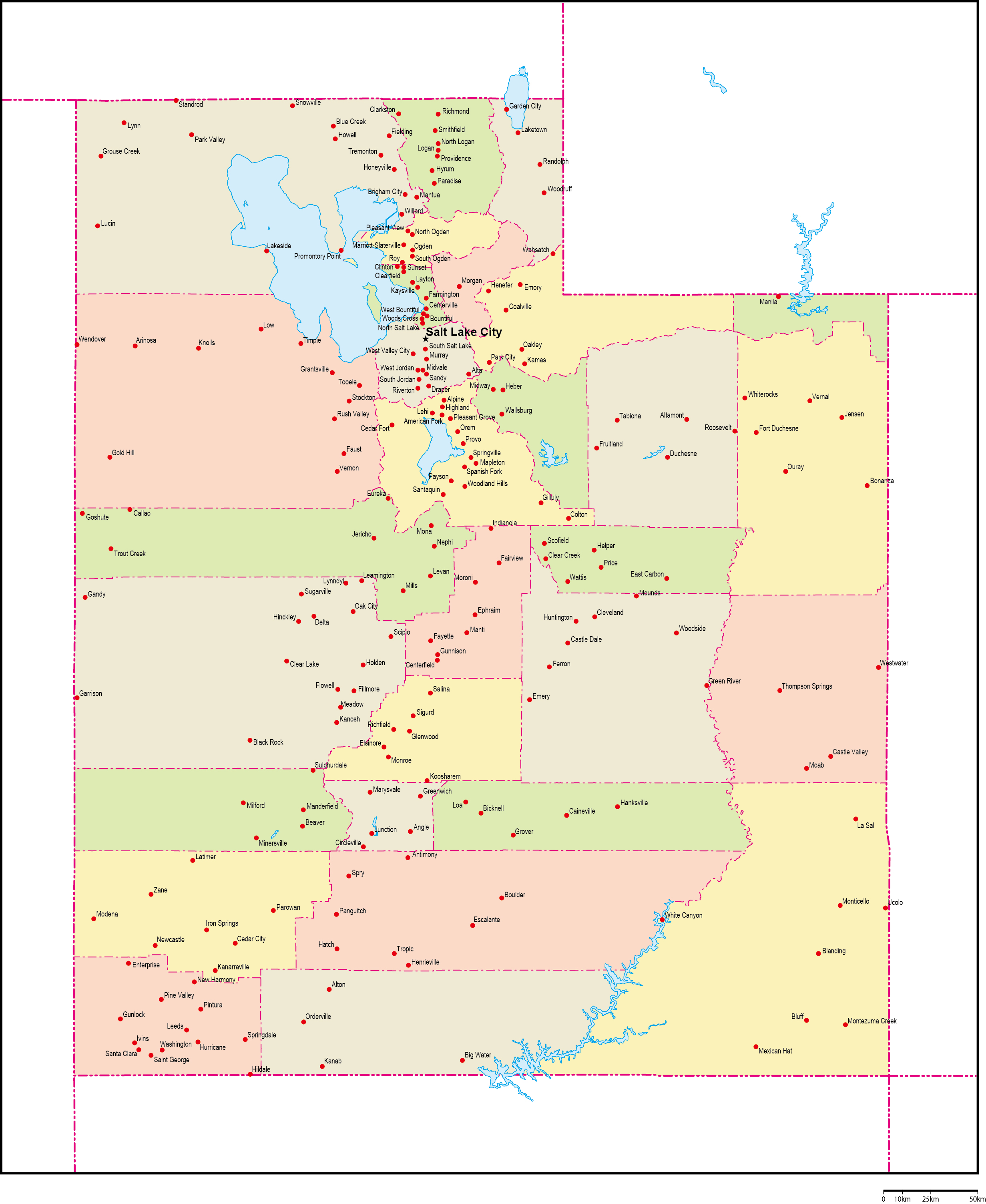 ユタ州郡色分け地図州都・主な都市あり(英語)フリーデータの画像