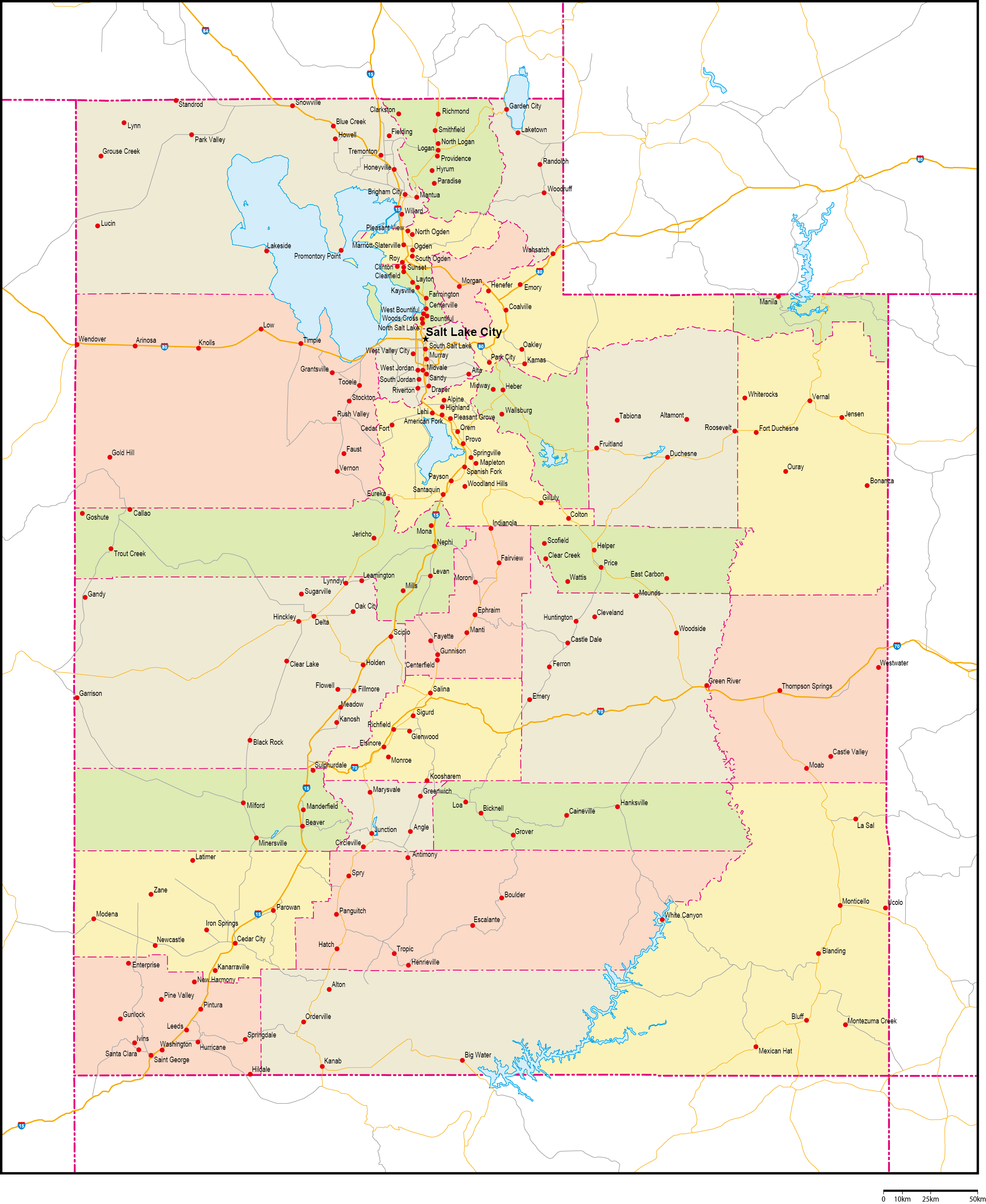 ユタ州郡色分け地図州都・主な都市・道路あり(英語)フリーデータの画像