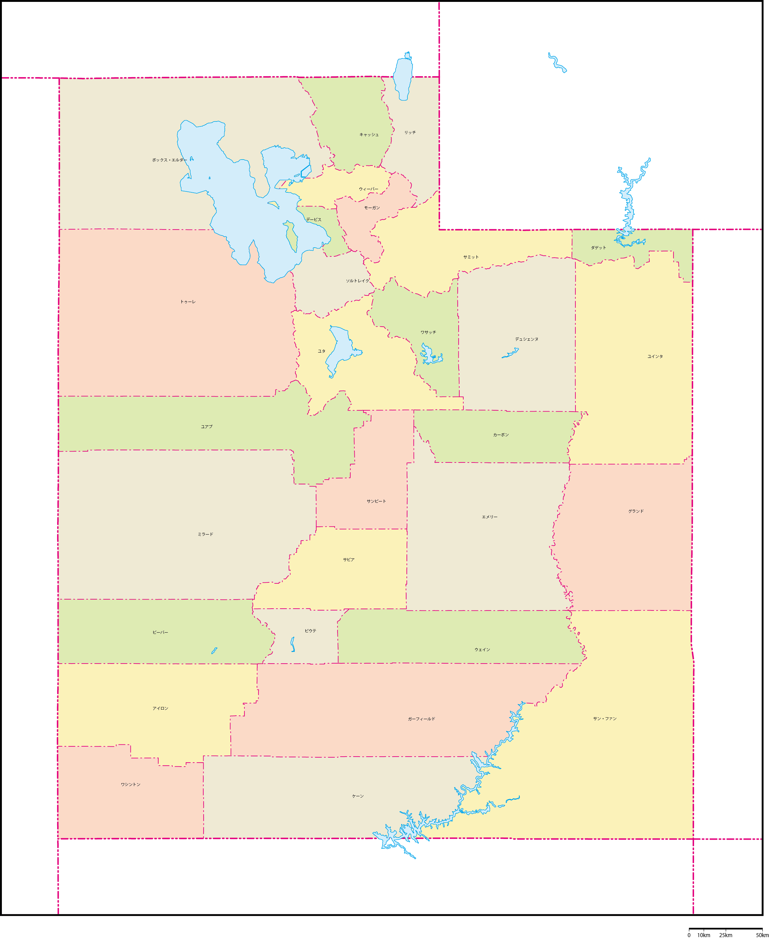 ユタ州郡色分け地図郡名あり(日本語)フリーデータの画像