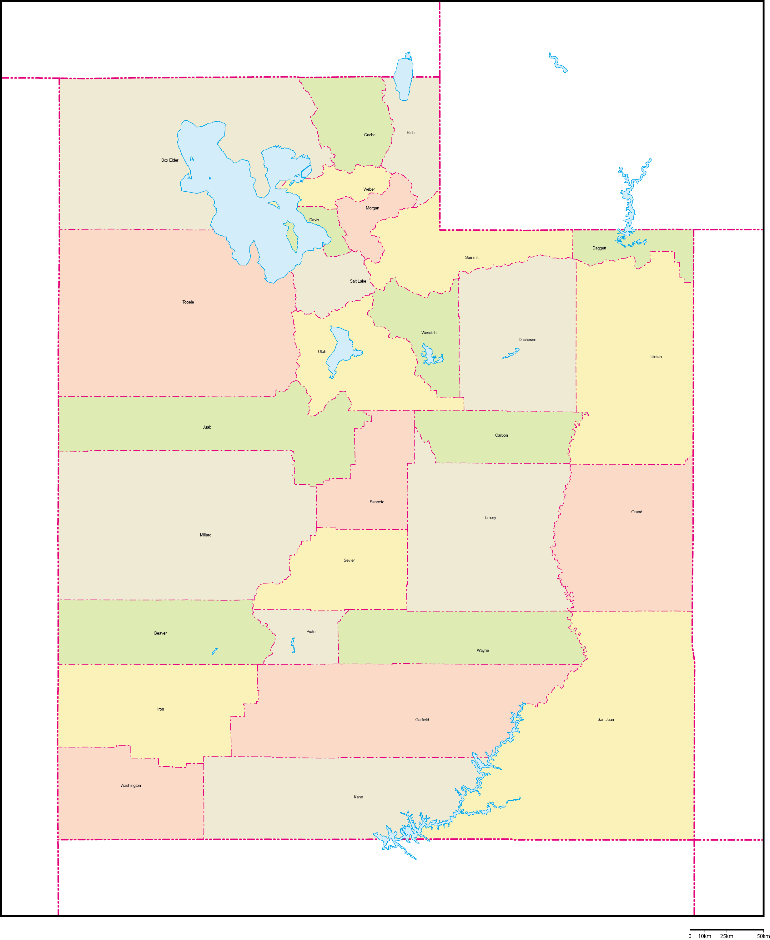ユタ州郡色分け地図郡名あり(英語)フリーデータの画像