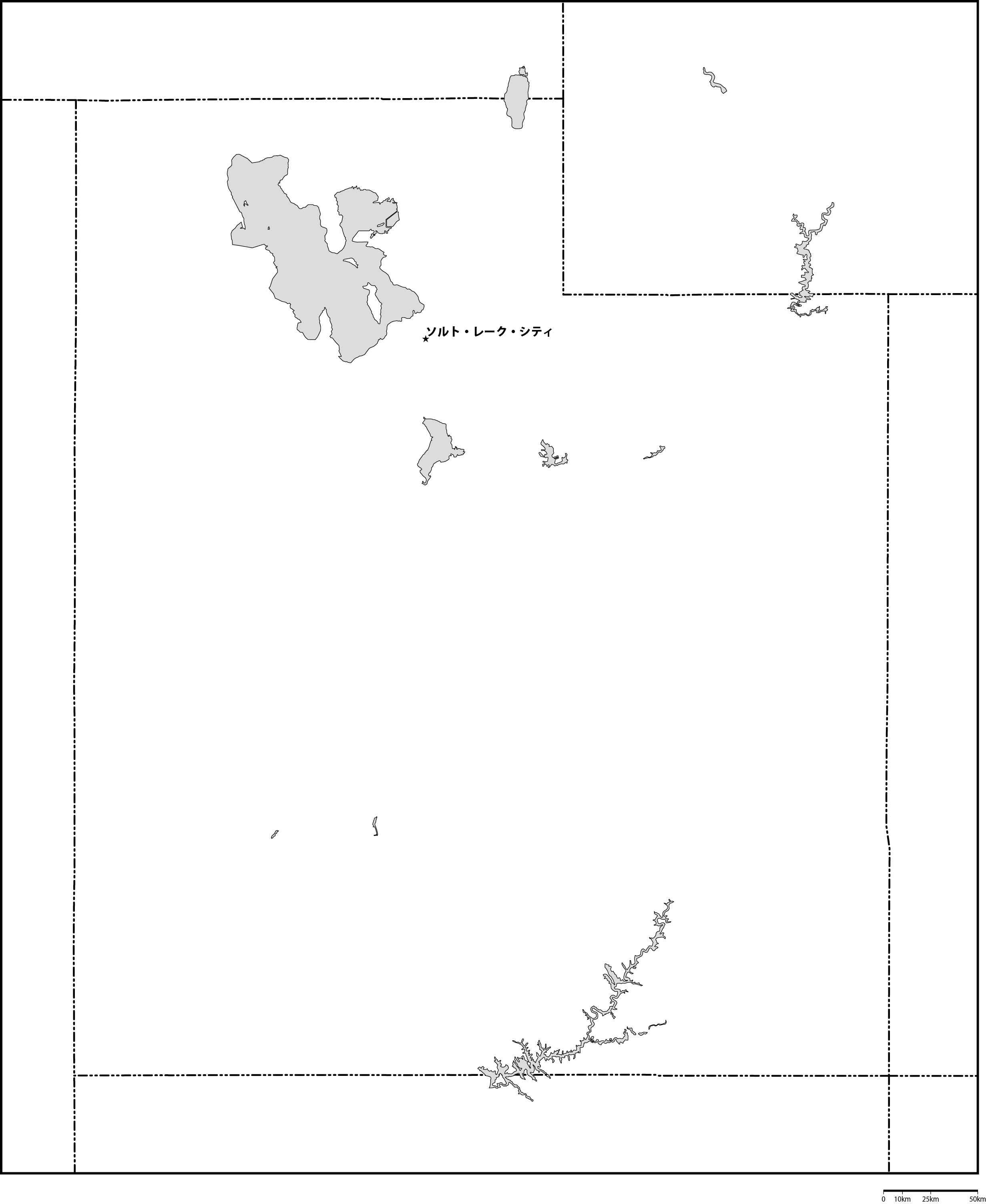 ユタ州白地図州都あり(日本語)フリーデータの画像