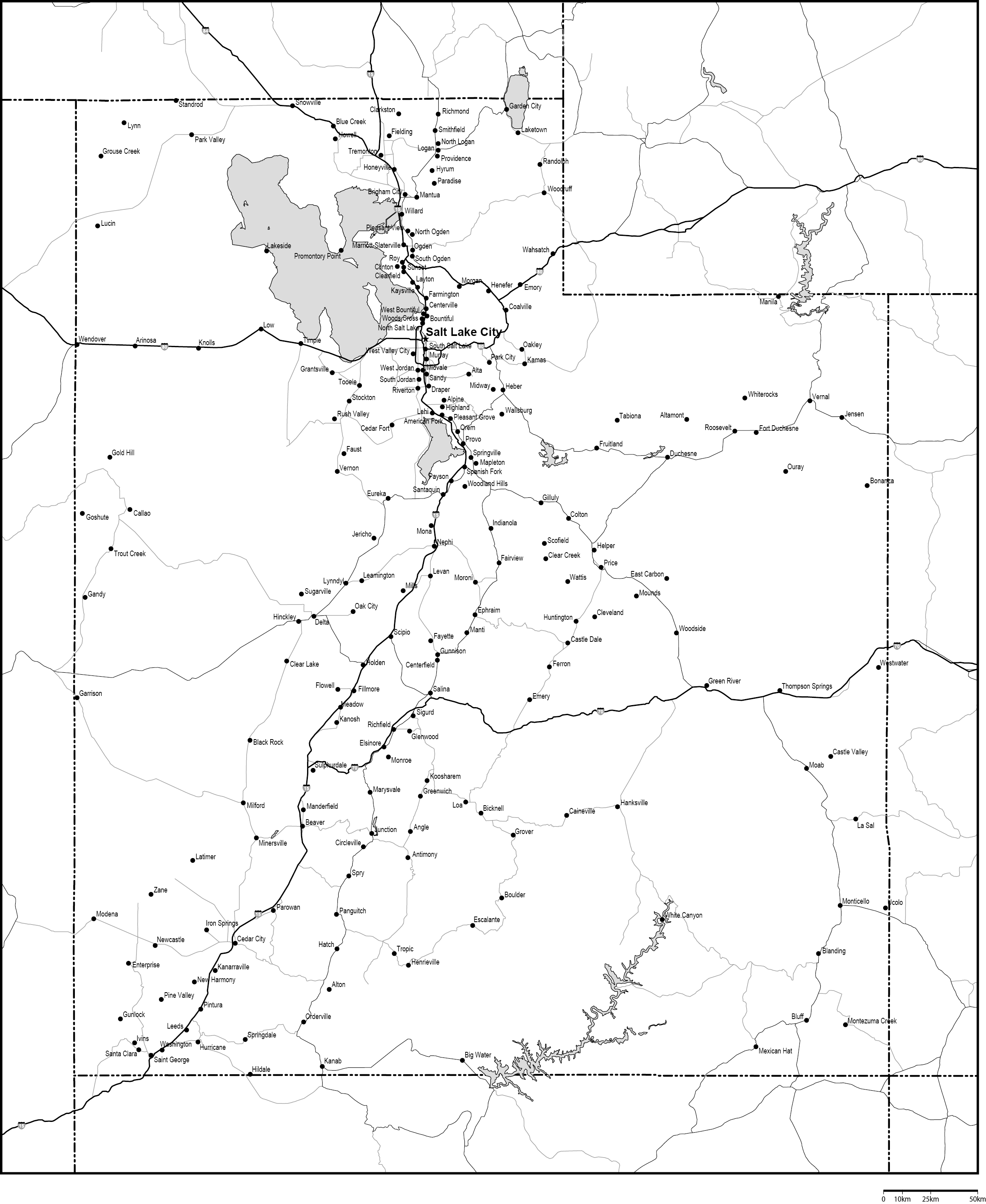 ユタ州白地図州都・主な都市・道路あり(英語)フリーデータの画像