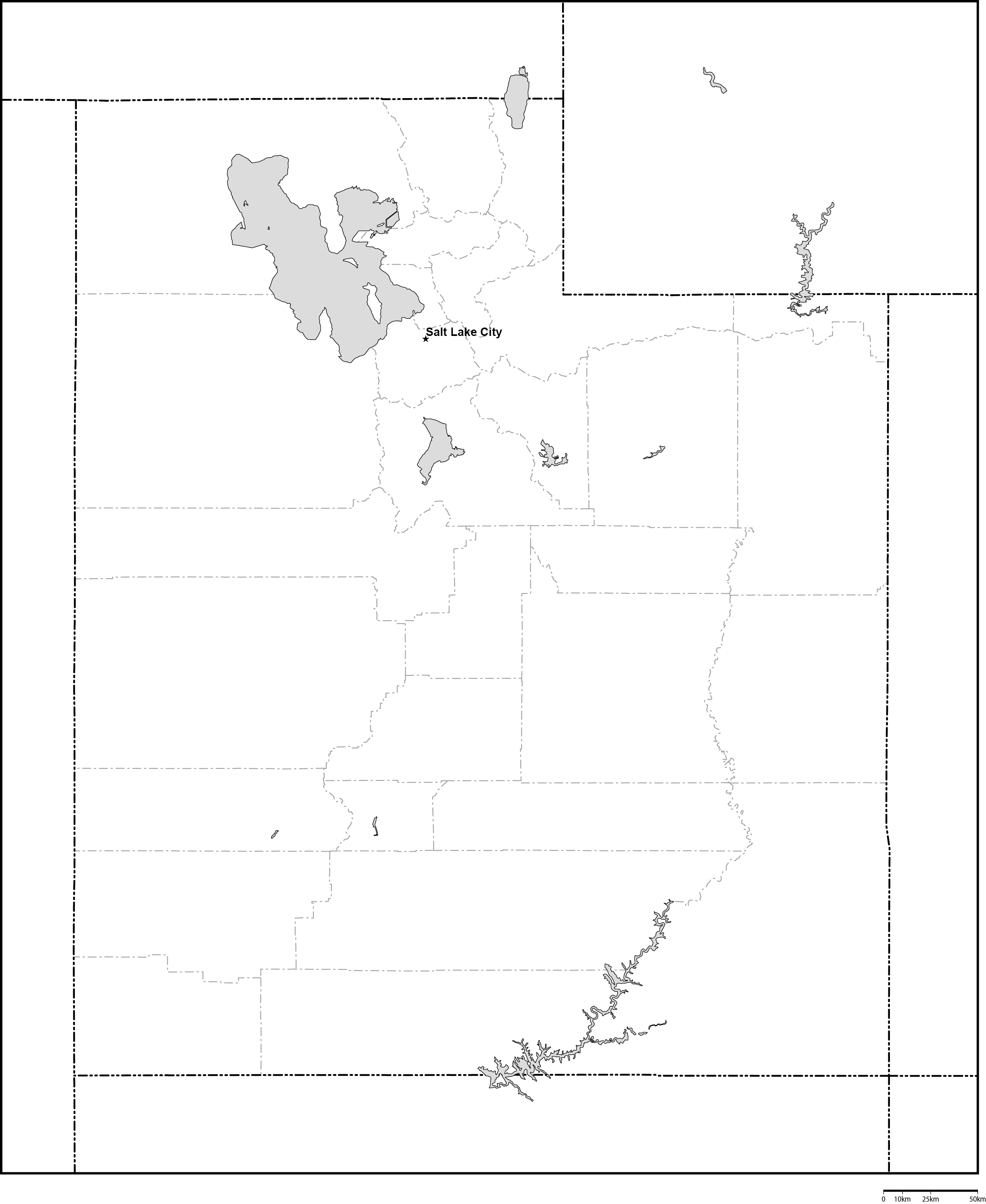 ユタ州郡分け白地図州都あり(英語)フリーデータの画像
