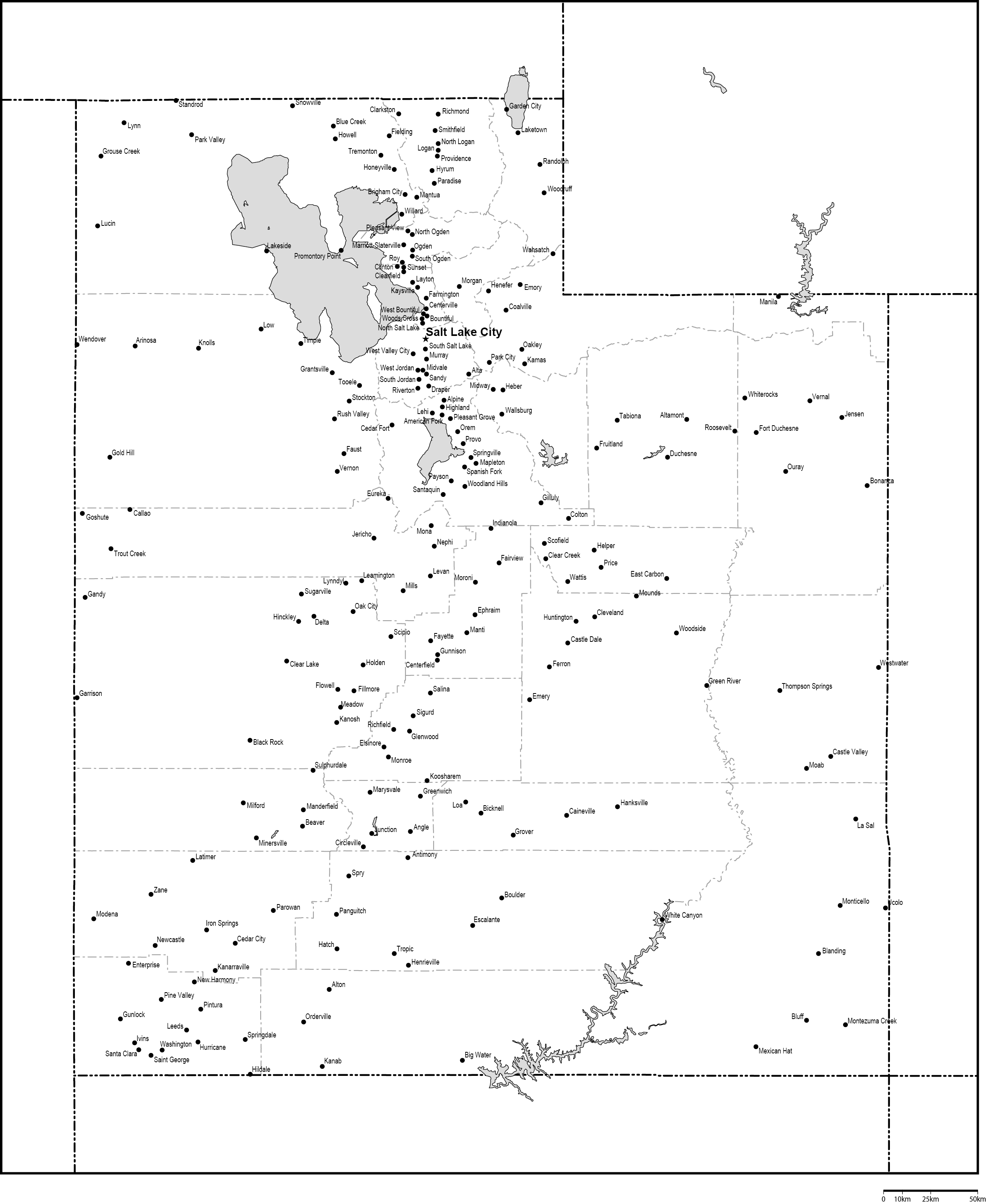 ユタ州郡分け白地図州都・主な都市あり(英語)フリーデータの画像