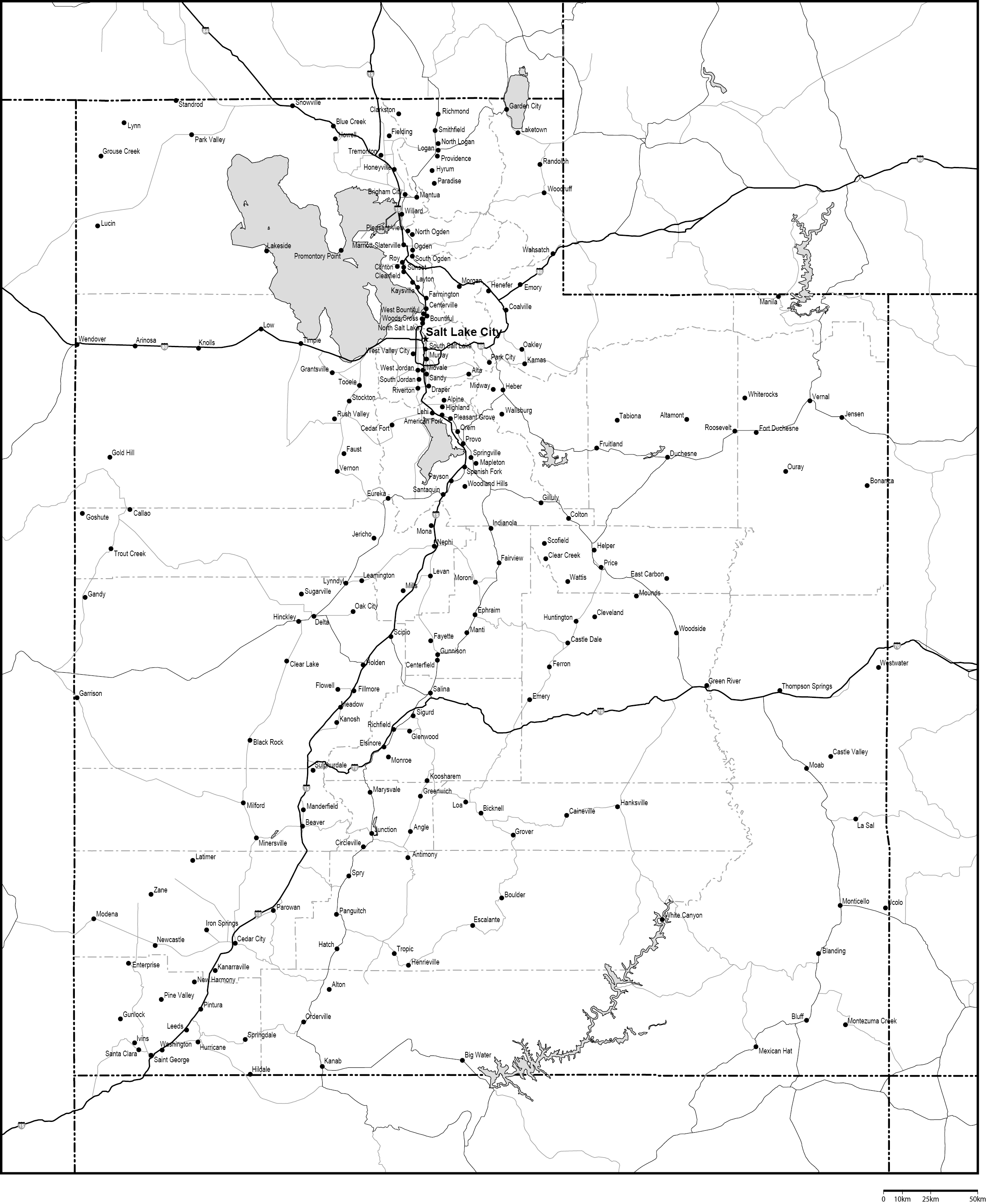 ユタ州郡分け白地図州都・主な都市・道路あり(英語)フリーデータの画像