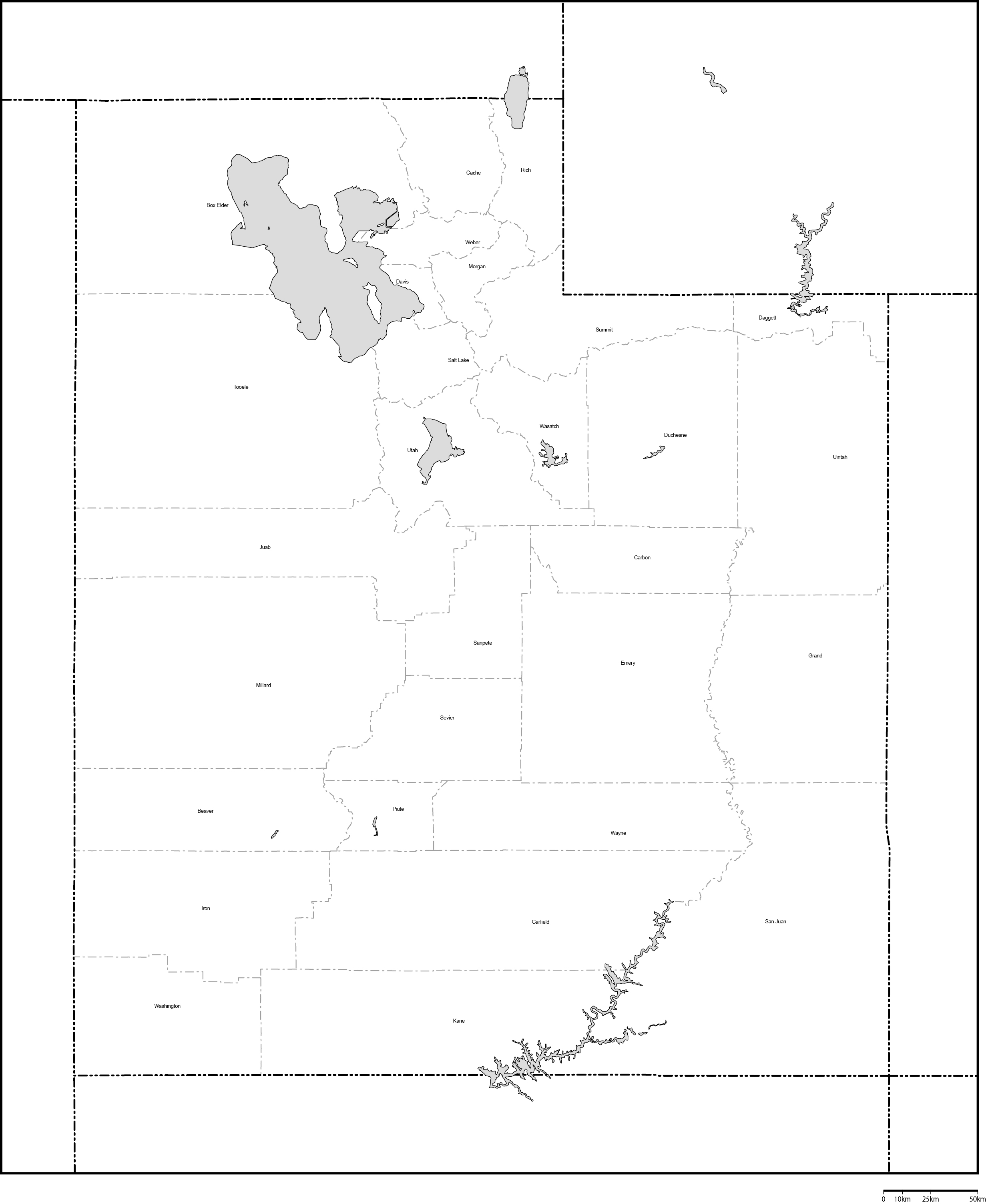 ユタ州郡分け白地図郡名あり(英語)フリーデータの画像