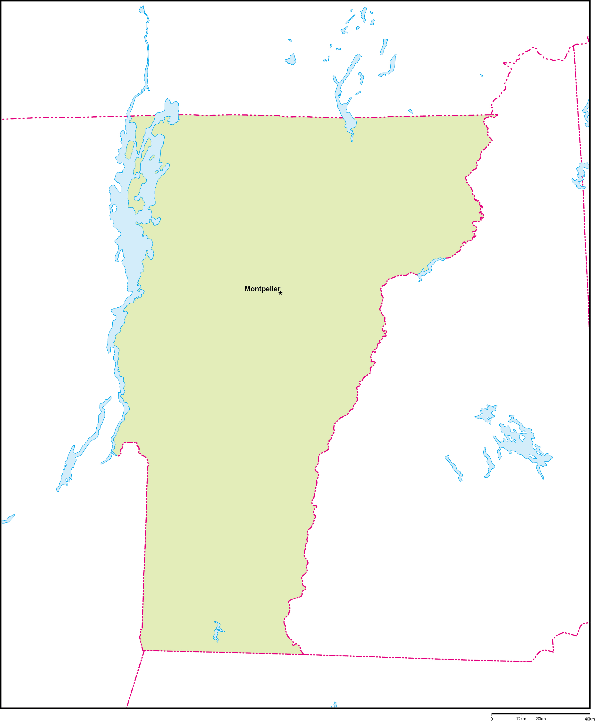 バーモント州地図州都あり(英語)フリーデータの画像