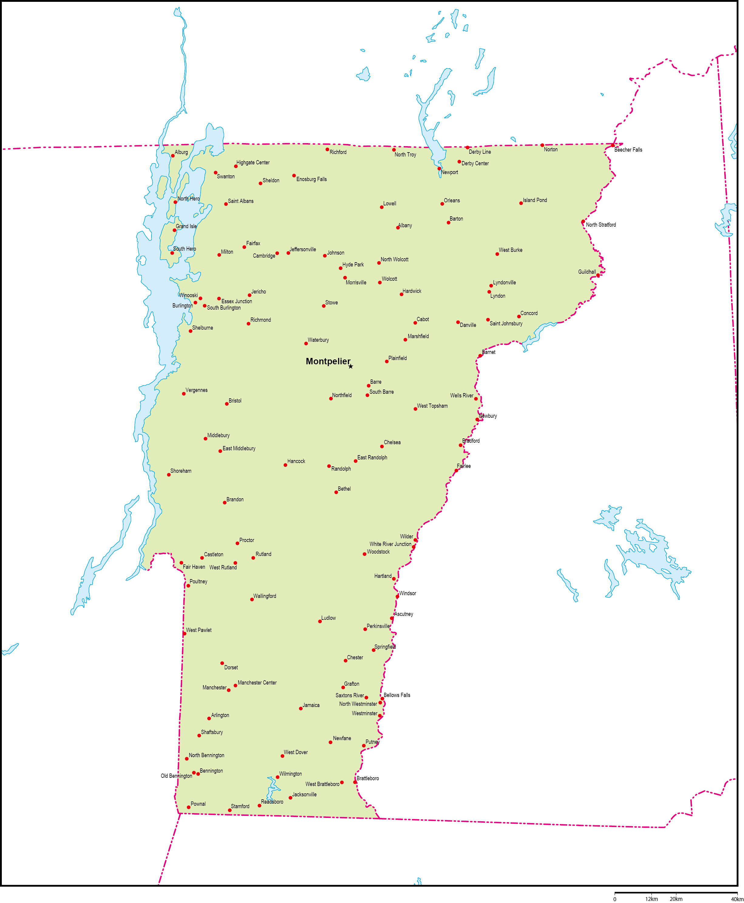バーモント州地図州都・主な都市あり(英語)フリーデータの画像