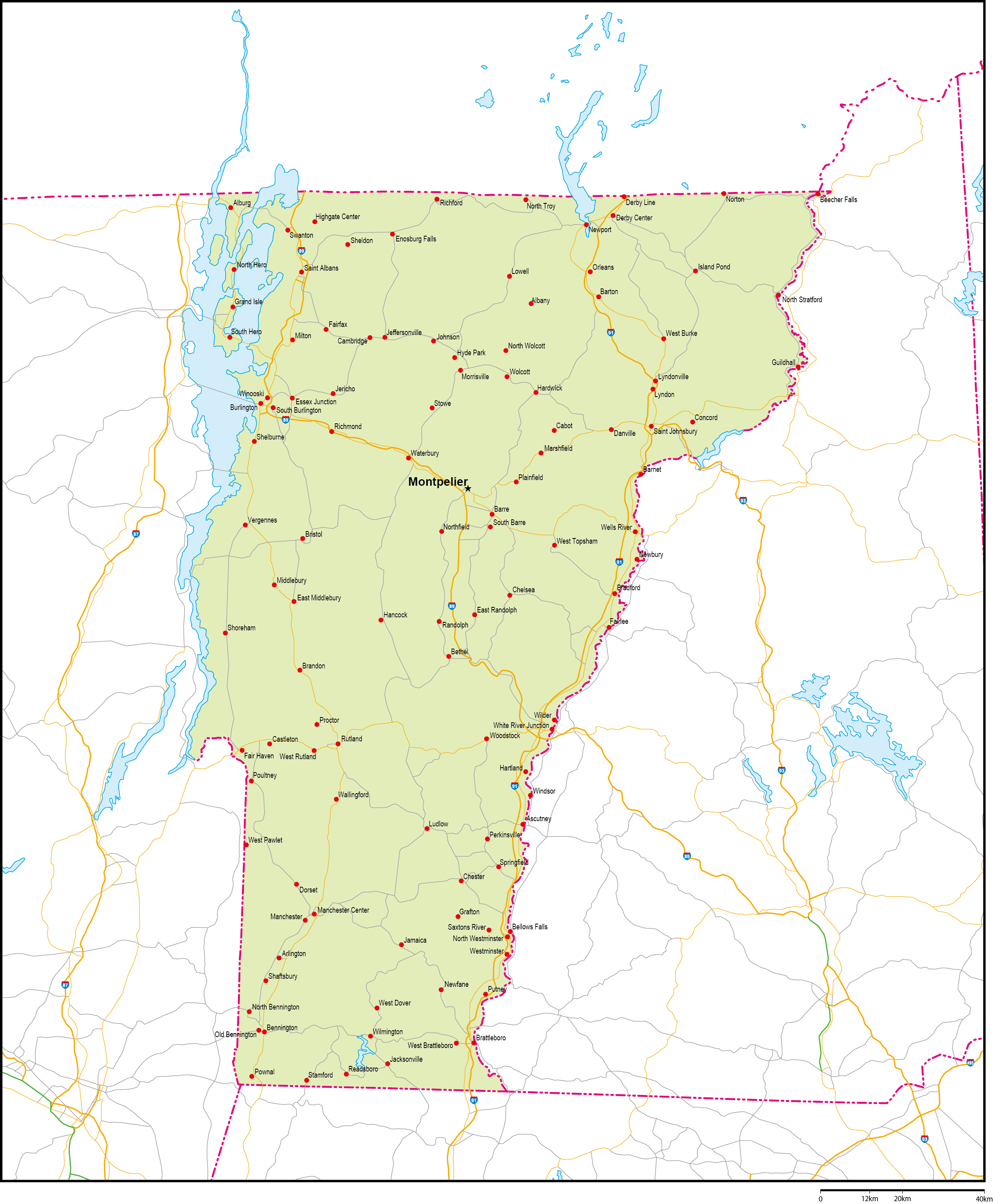 バーモント州地図州都・主な都市・道路あり(英語)フリーデータの画像