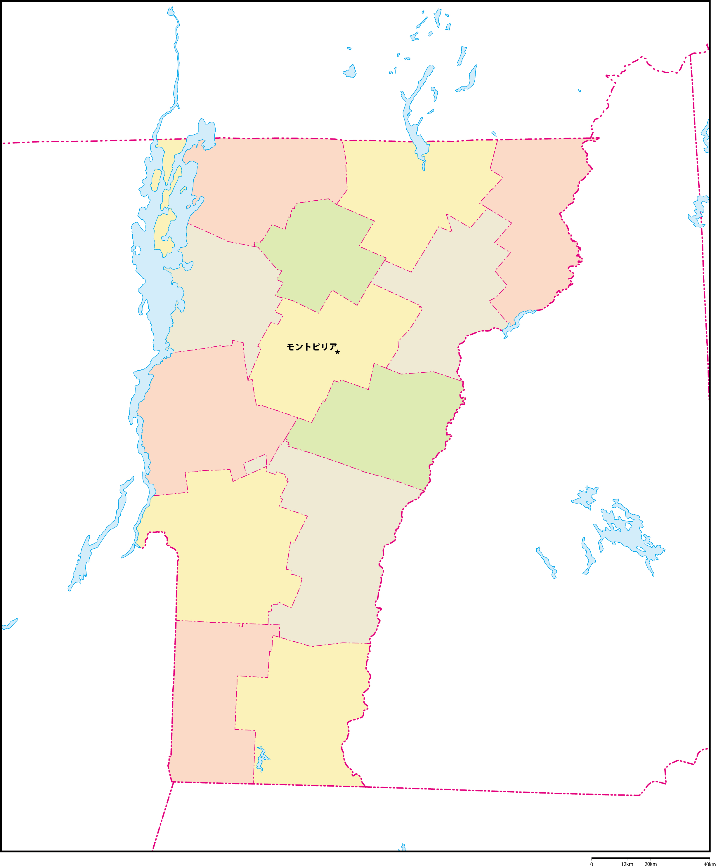 バーモント州郡色分け地図州都あり(日本語)フリーデータの画像