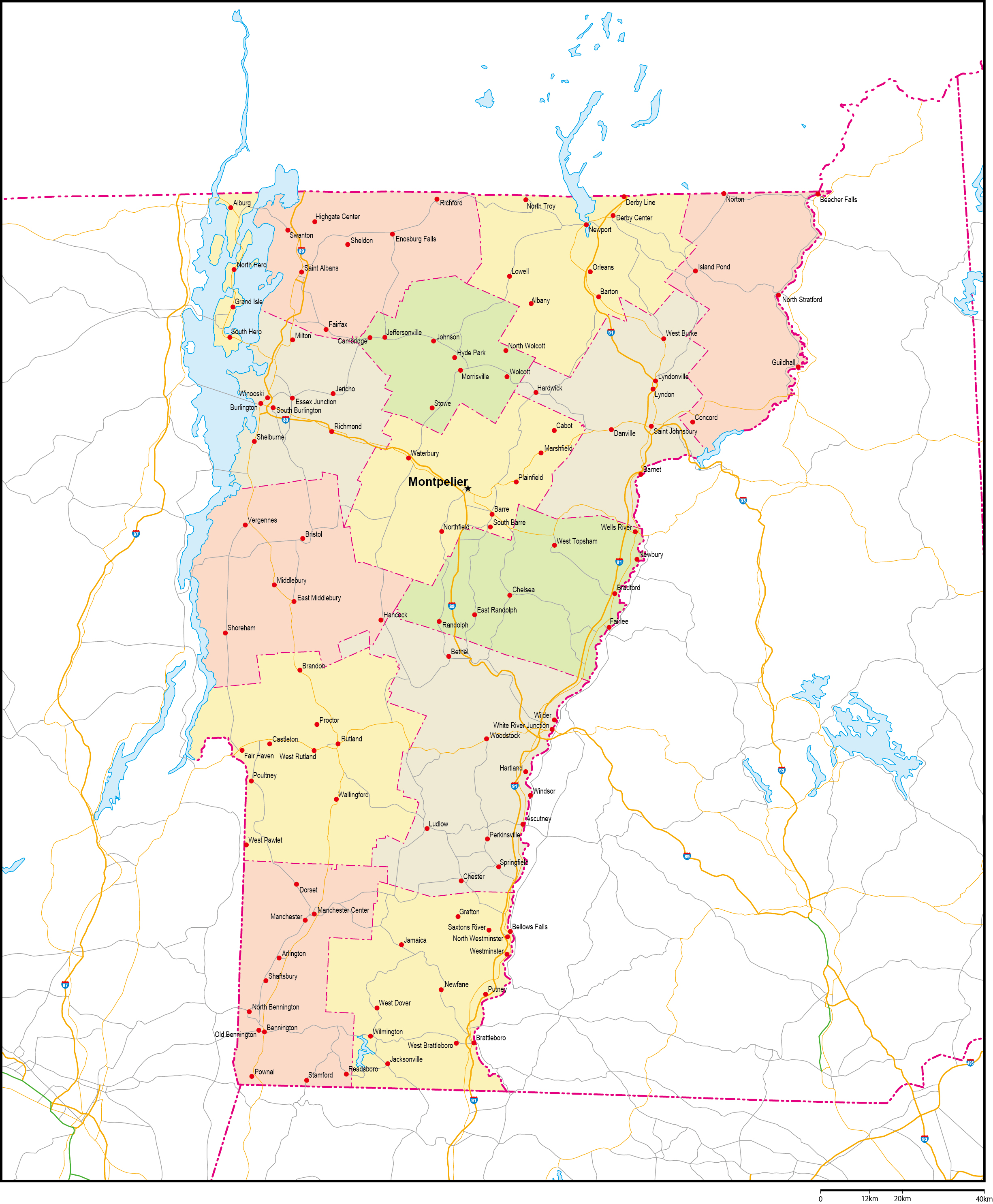 バーモント州郡色分け地図州都・主な都市・道路あり(英語)フリーデータの画像