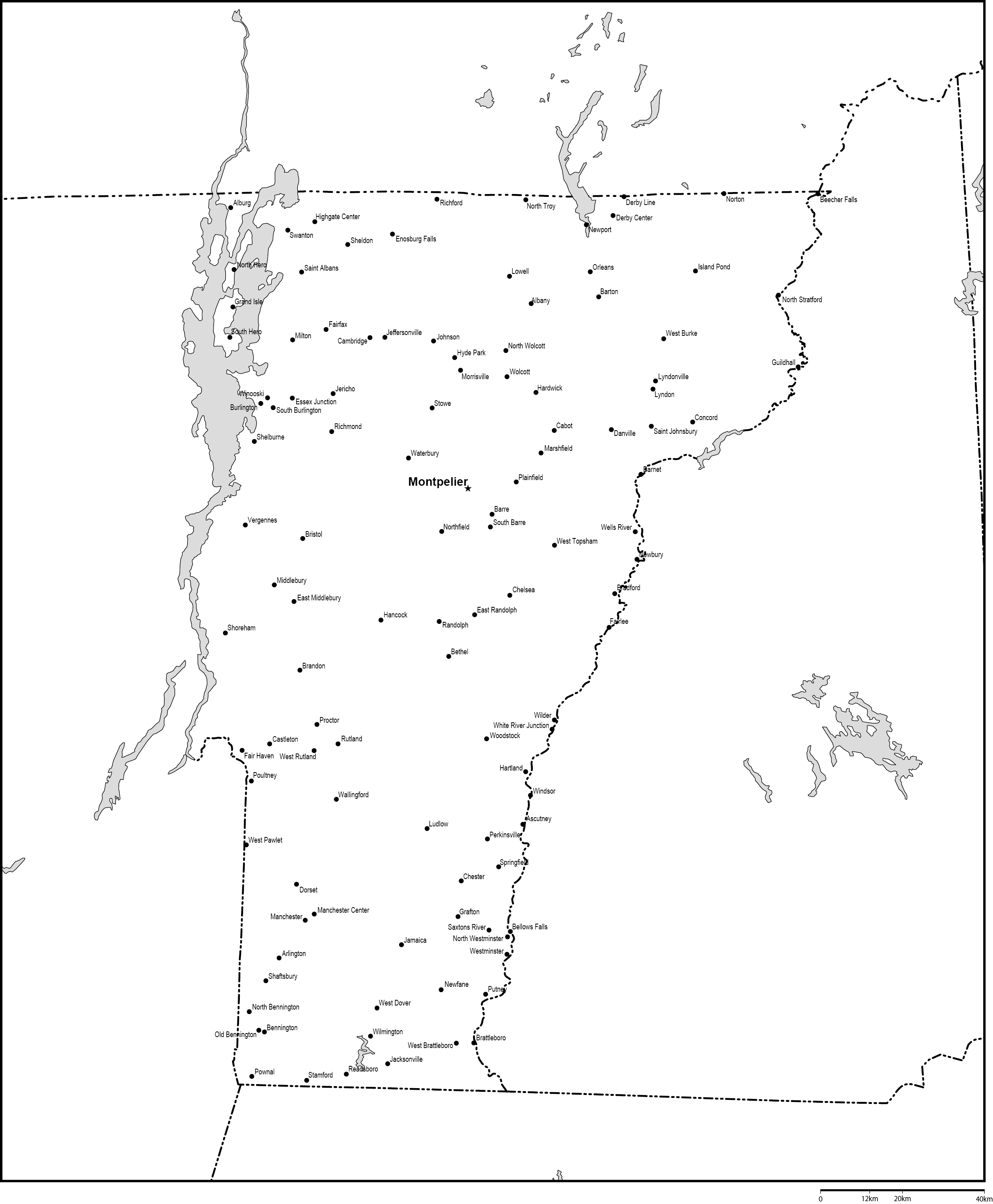 バーモント州白地図州都・主な都市あり(英語)フリーデータの画像